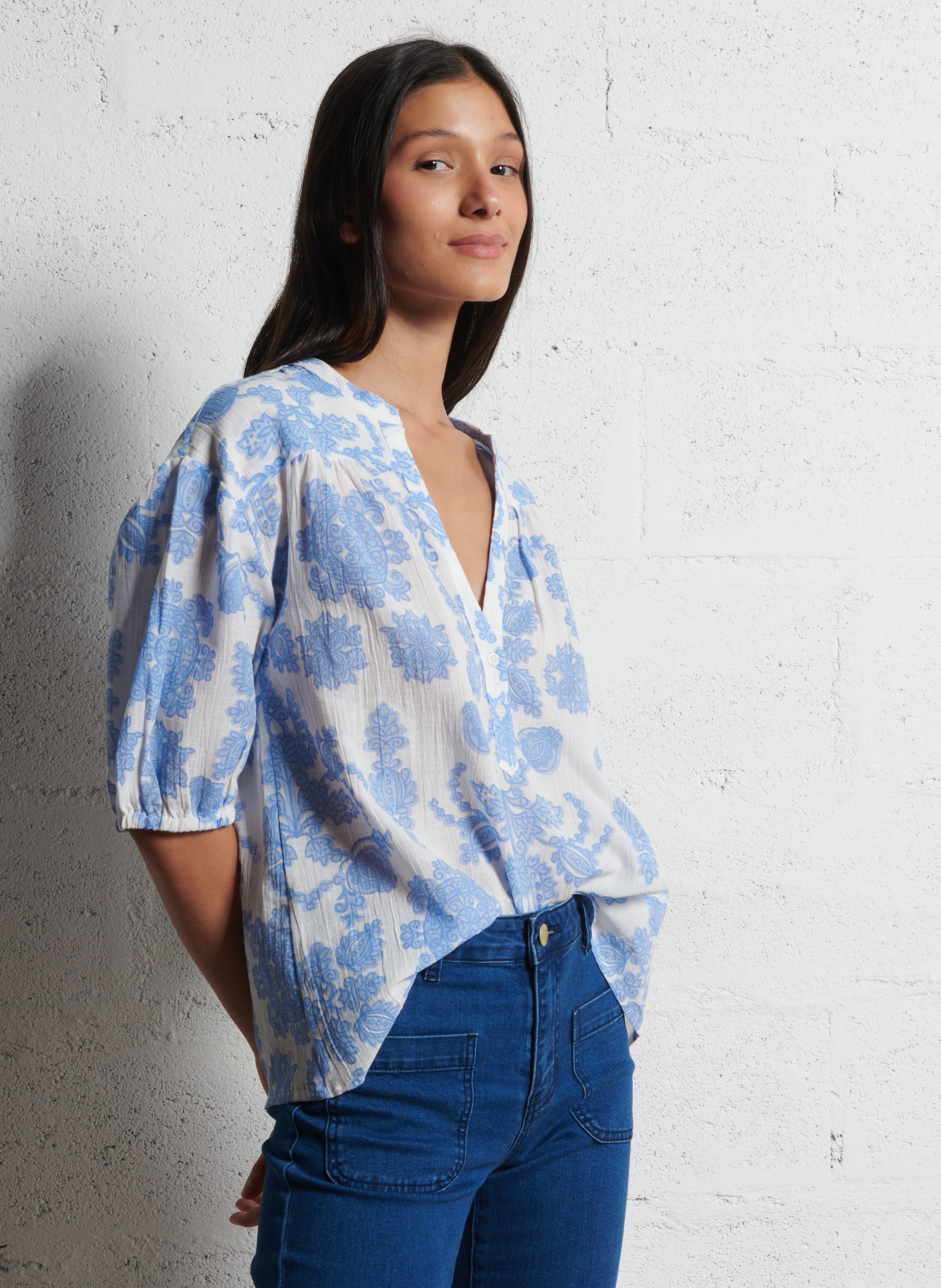 Blouse droite en coton mélangé imprimé MAISON 123 Bleu