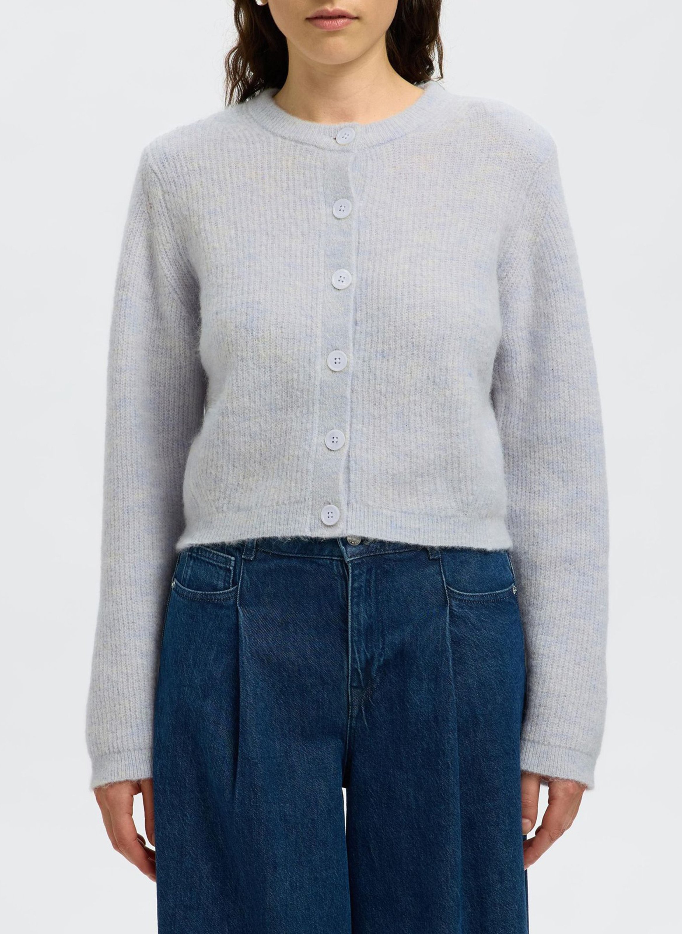 Cardigan droit col rond en laine mélangée SELECTED Bleu