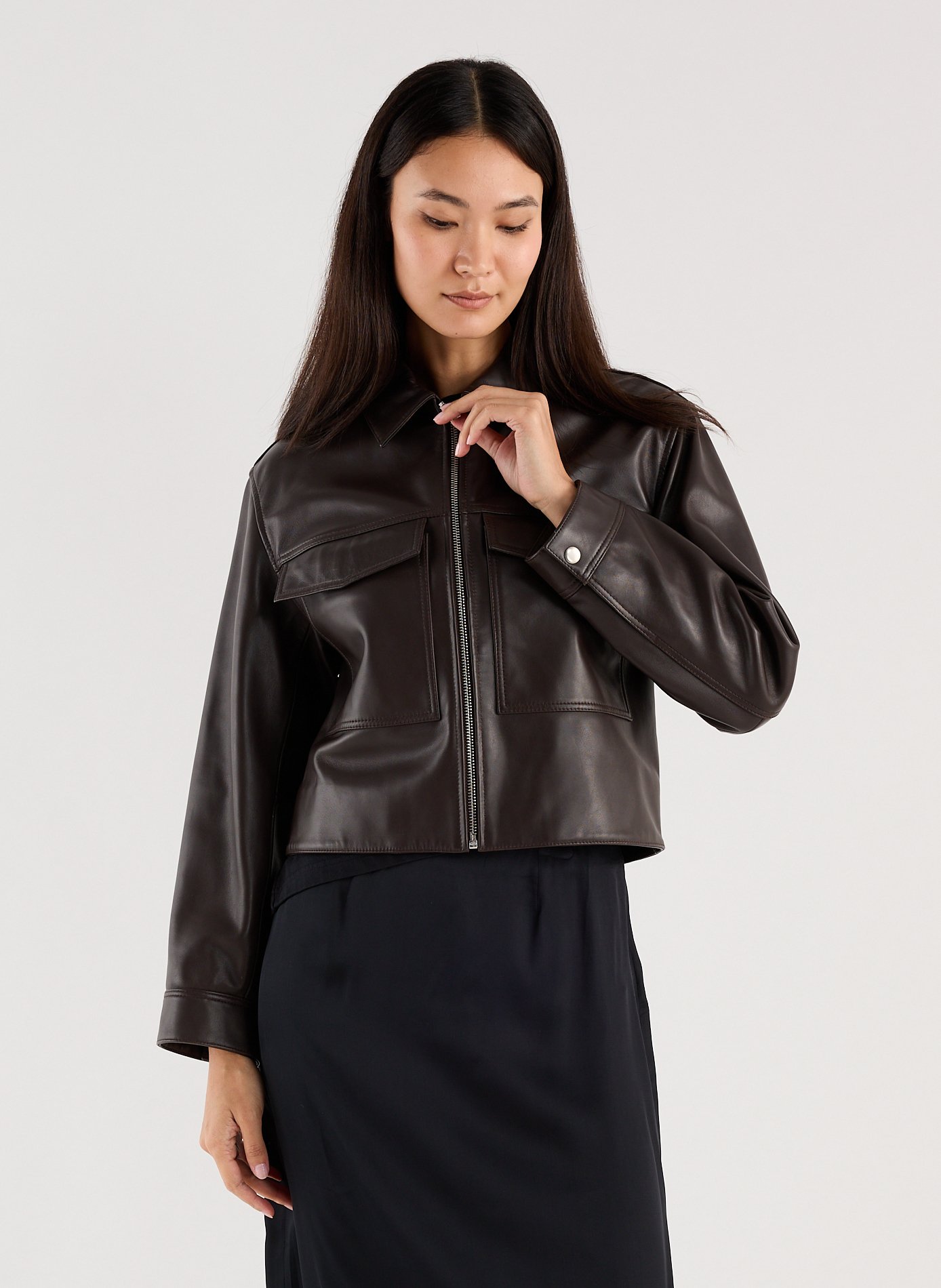 Short straight leather jacket SAISON 1865 Brown