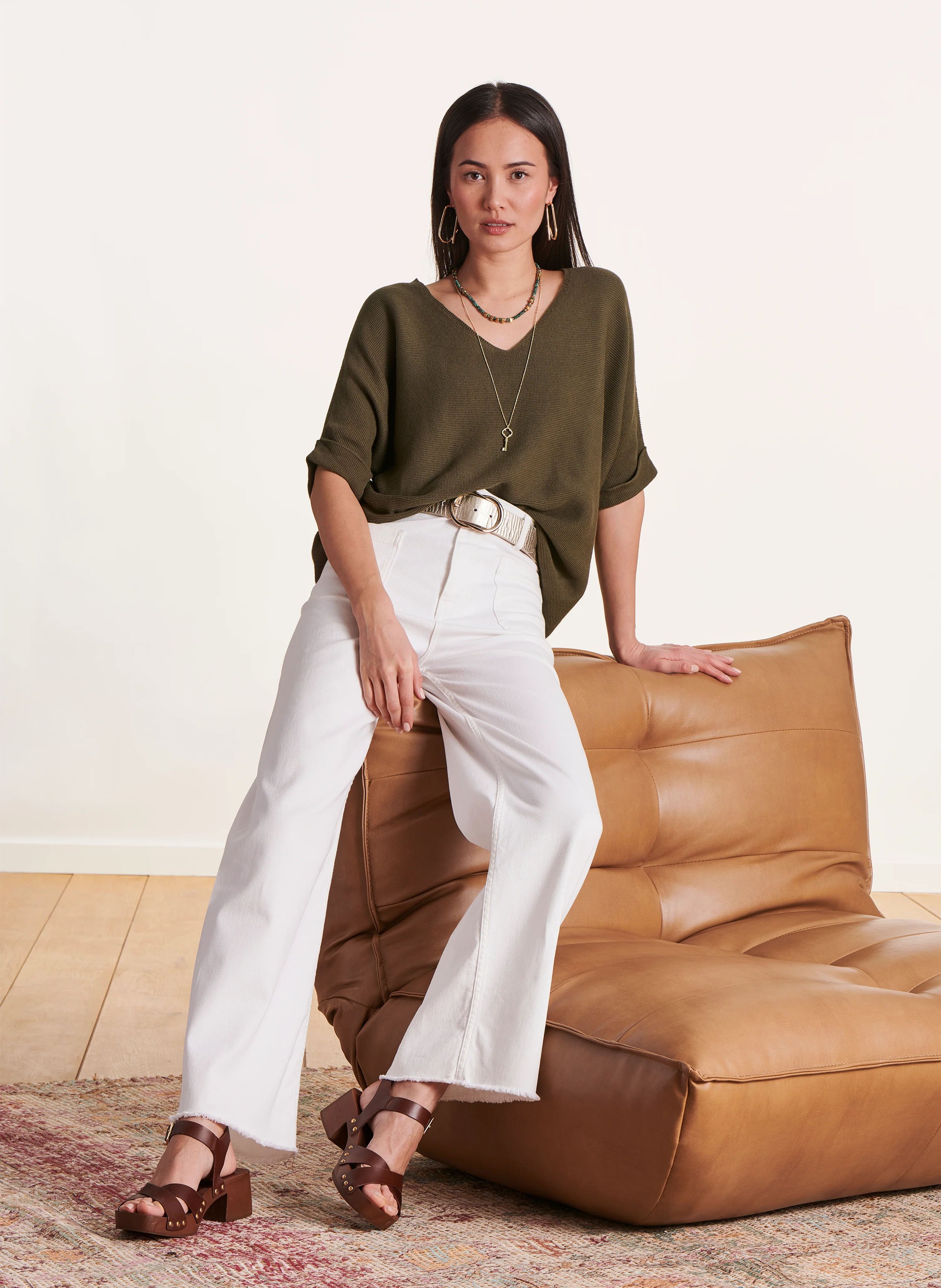 Loose-fit V-neck knit top Green