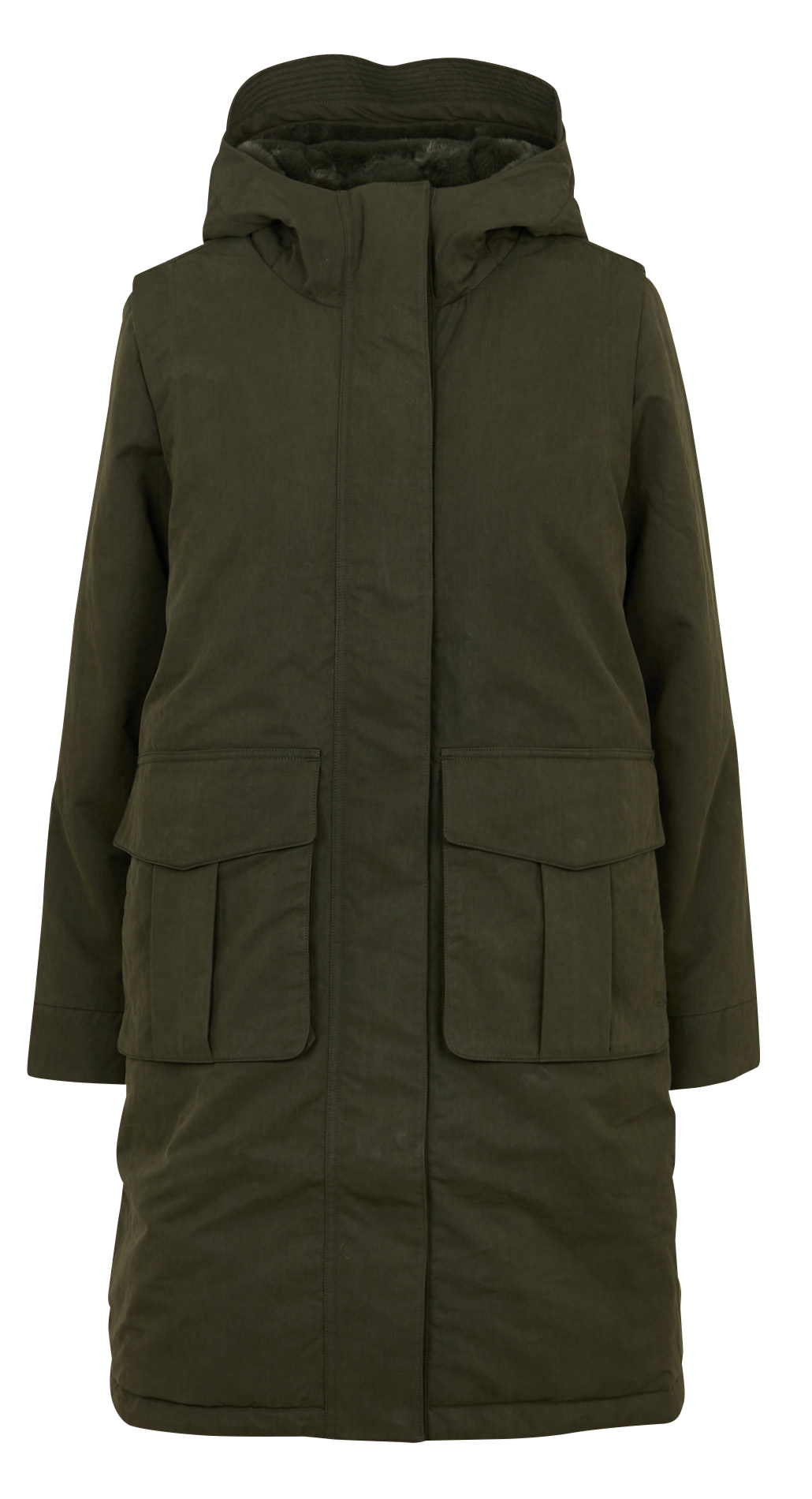 Mittellanger einfarbiger Parka mit Kapuze. K-WAY Grun