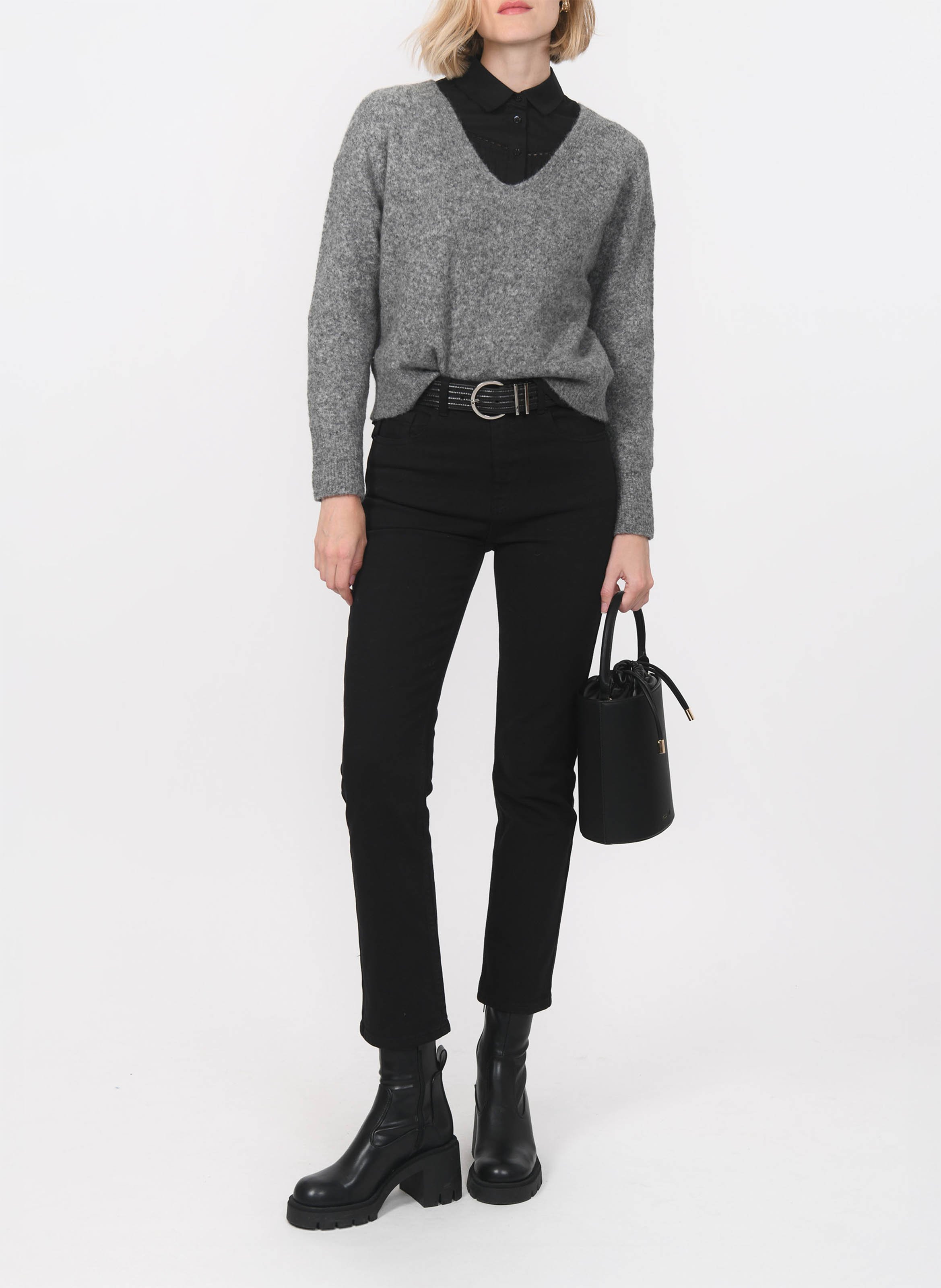 Pull col V en laine mélangée KOOKAI Gris