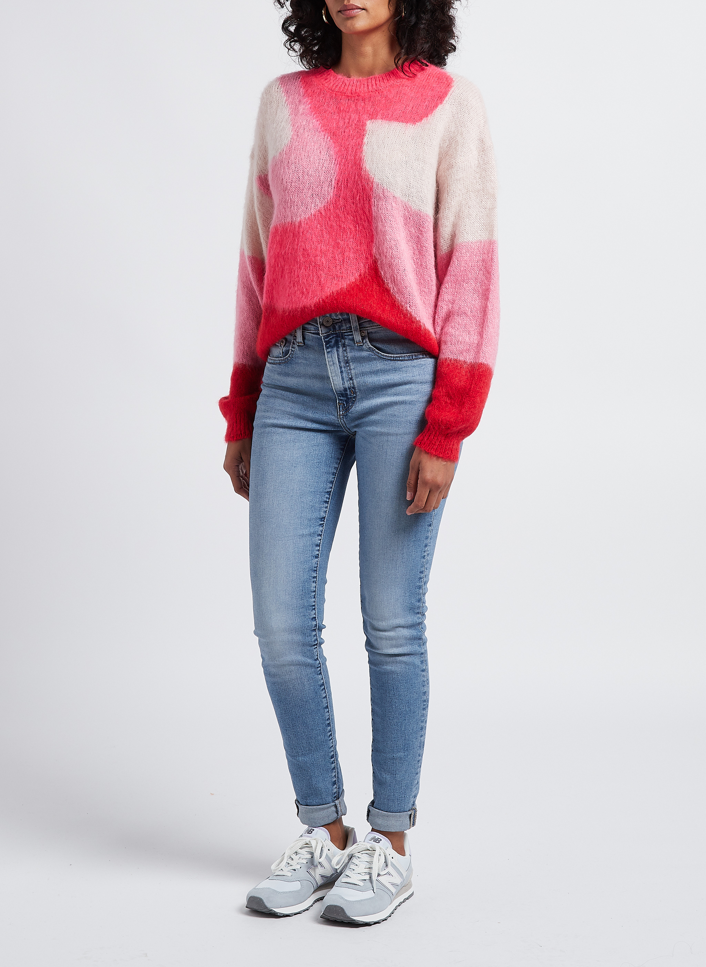 Pull col rond jacquard en maille mélangée INDEE Rose