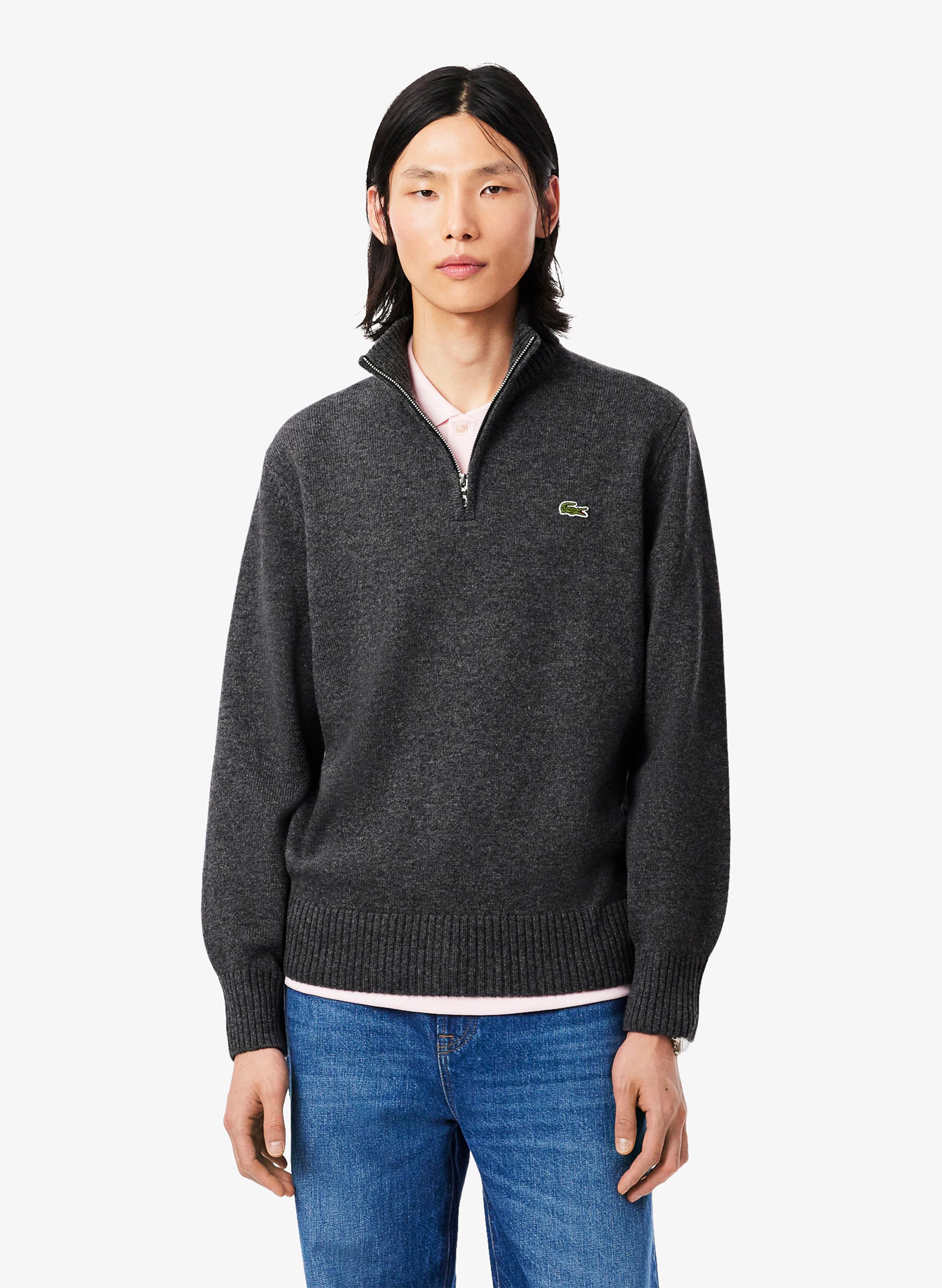 Pull droit col montant zippé en laine LACOSTE