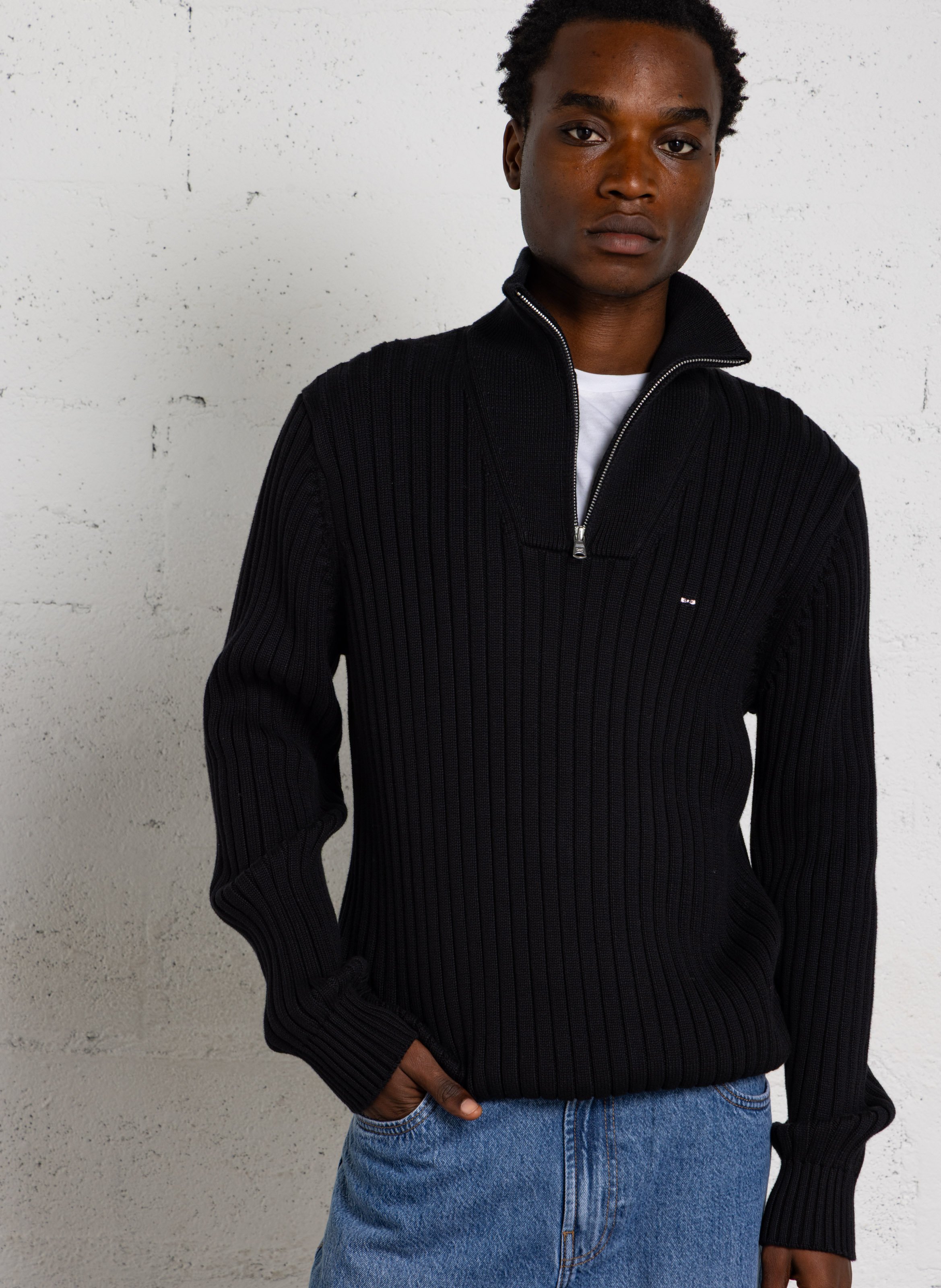 Straight-fit ribbed cotton zip-up high-neck sweater EDEN PARK Black