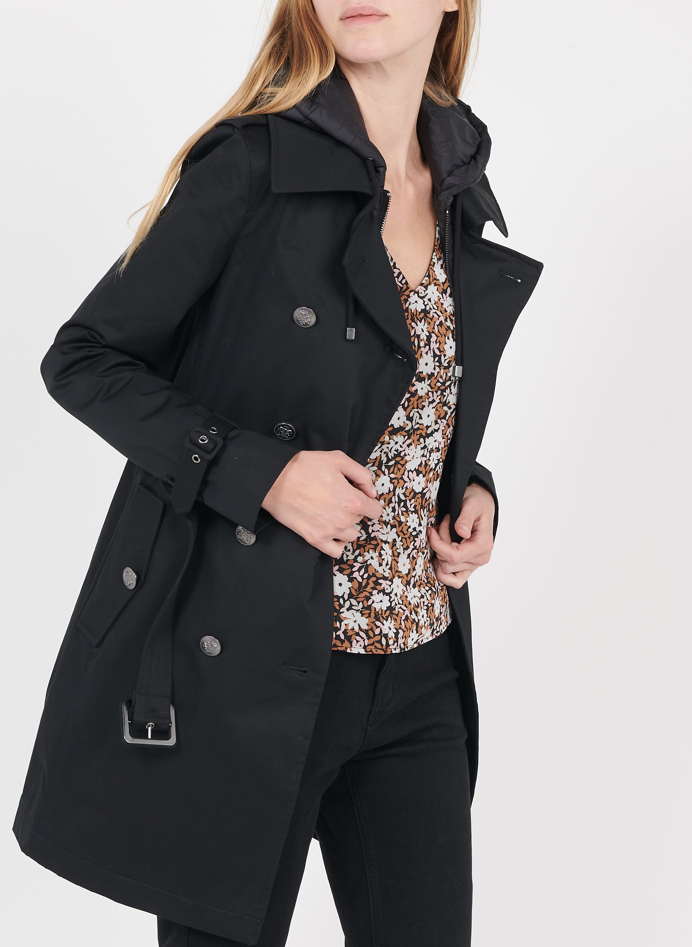 Trench col tailleur à capuche en coton IKKS Noir