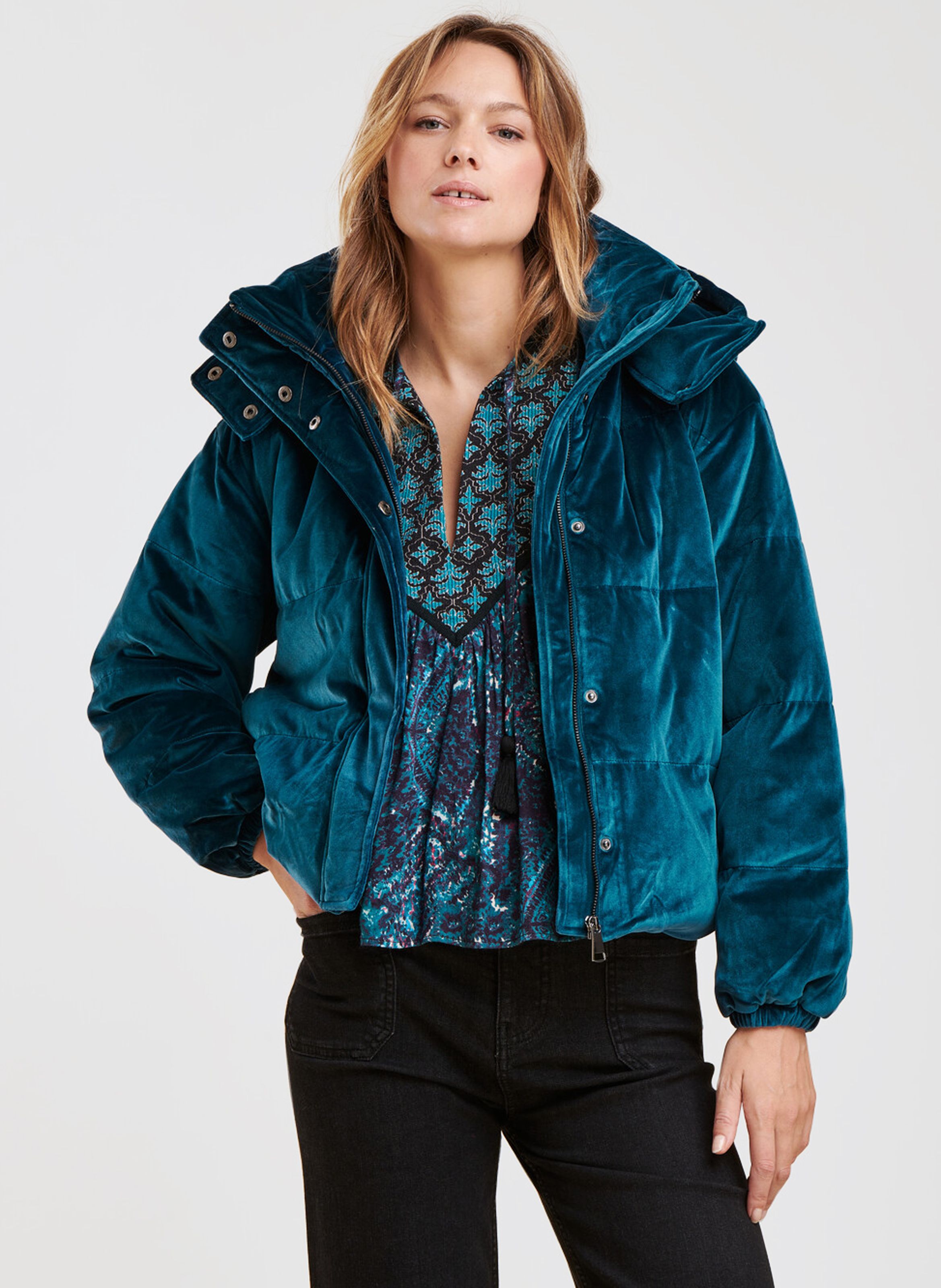 Blue Hooded velvet coat