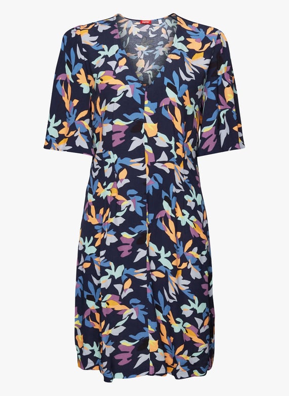 Korte, rechte jurk met v-Hals en print Blauw Esprit Dames