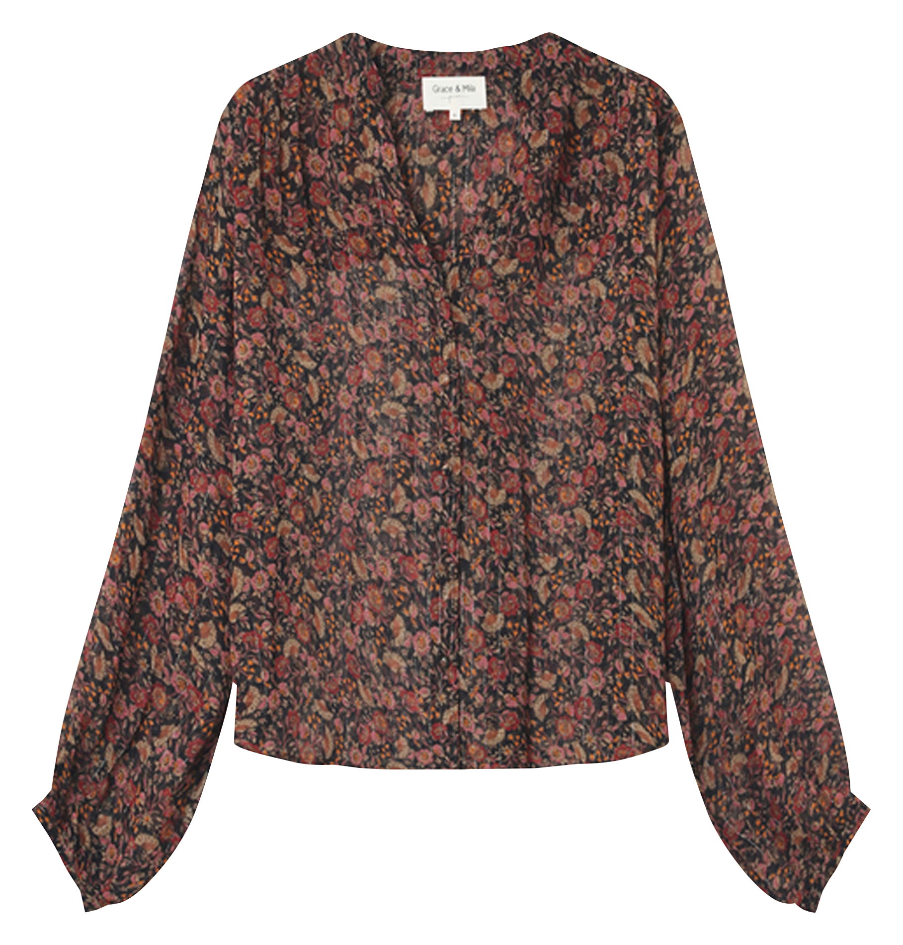 Gerade geschnittene Bluse mit V-Ausschnitt und Print Schwarz