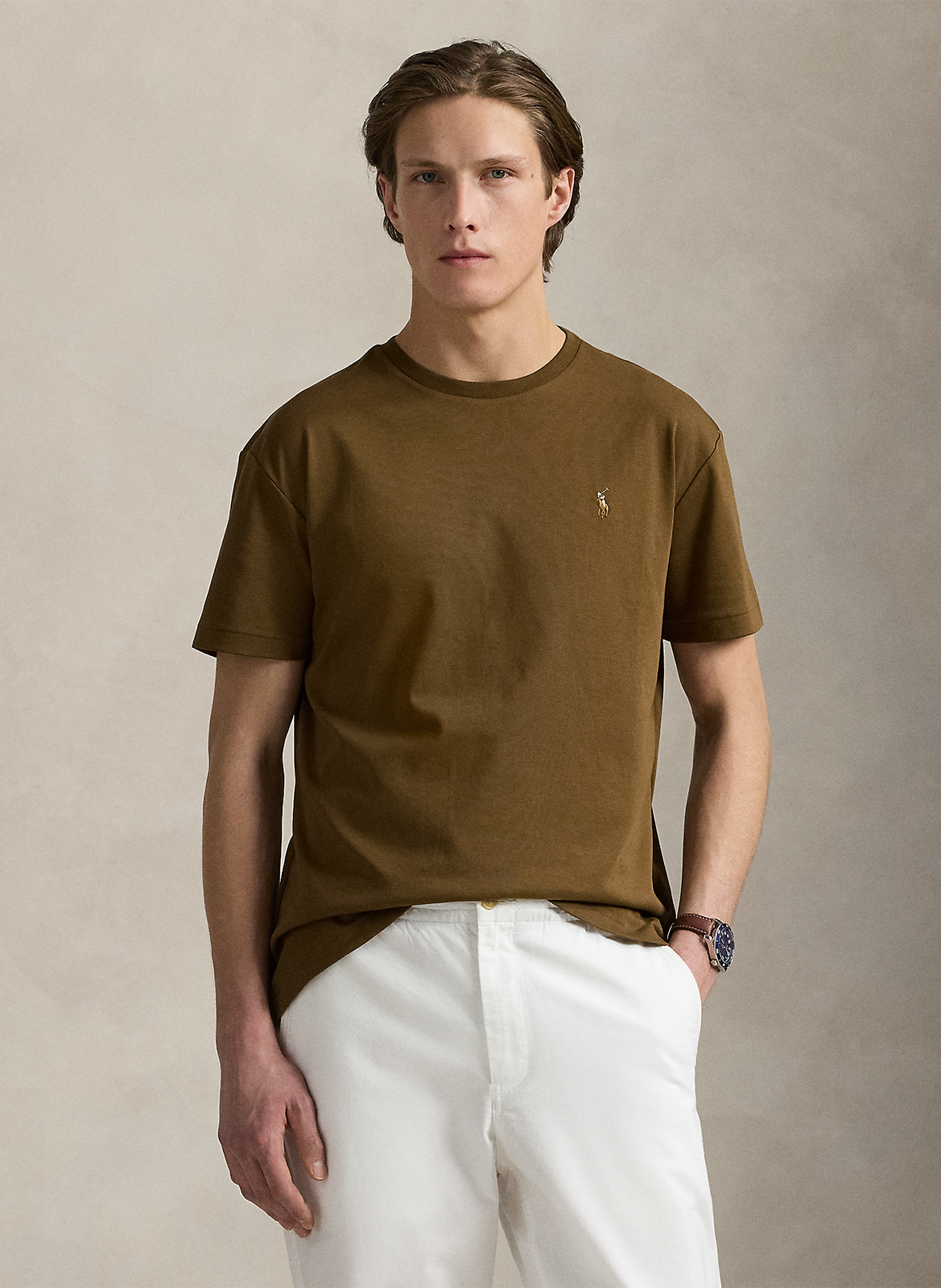 Tee-shirt col rond slim-fit en coton pima avec Pony Player POLO RALPH LAUREN Marron