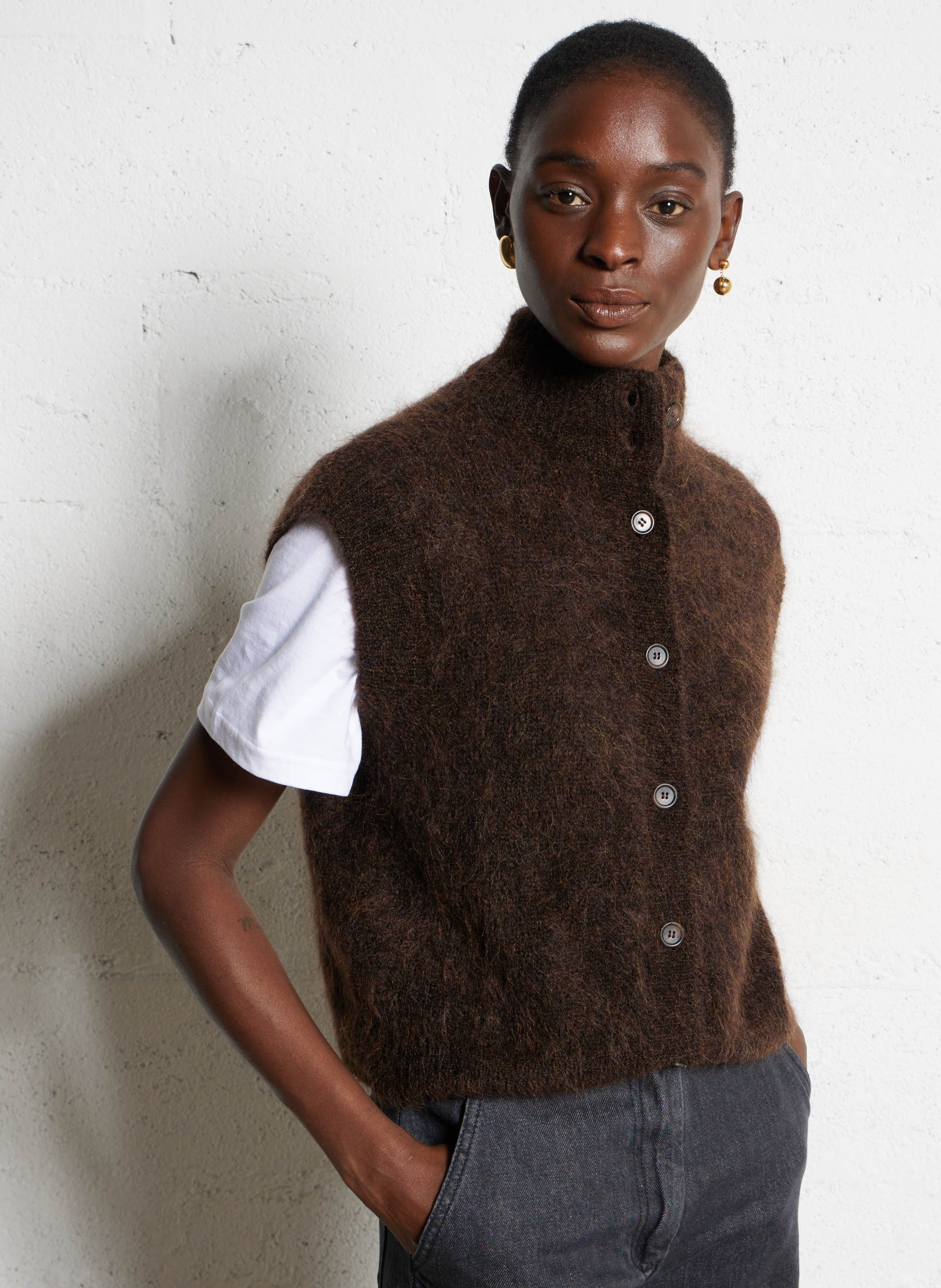 Vest met opstaande kraag - wolblend DES PETITS HAUTS Bruin