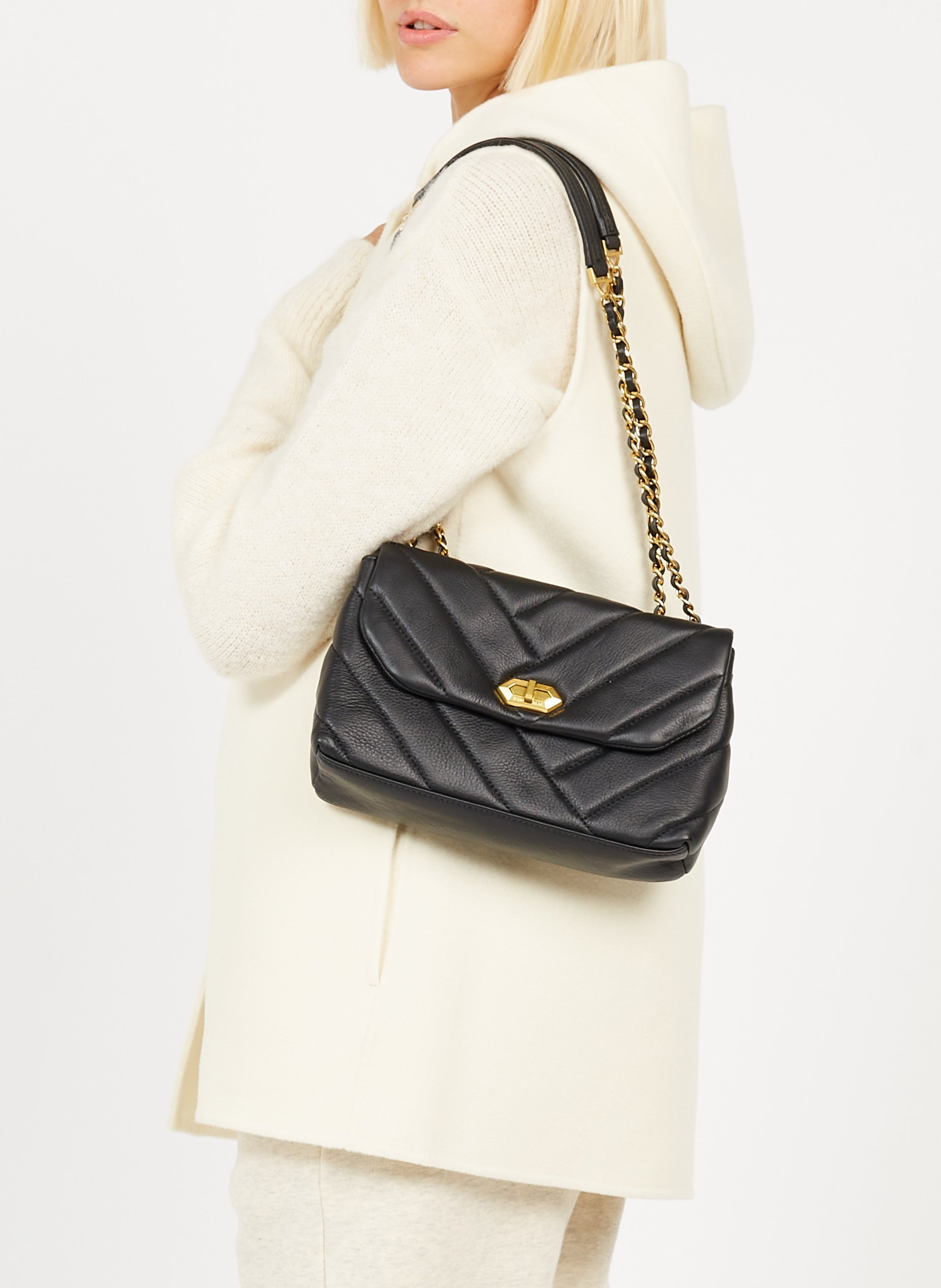 Gewatteerde, leren tas met schouderriem LANCASTER PARIS Zwart