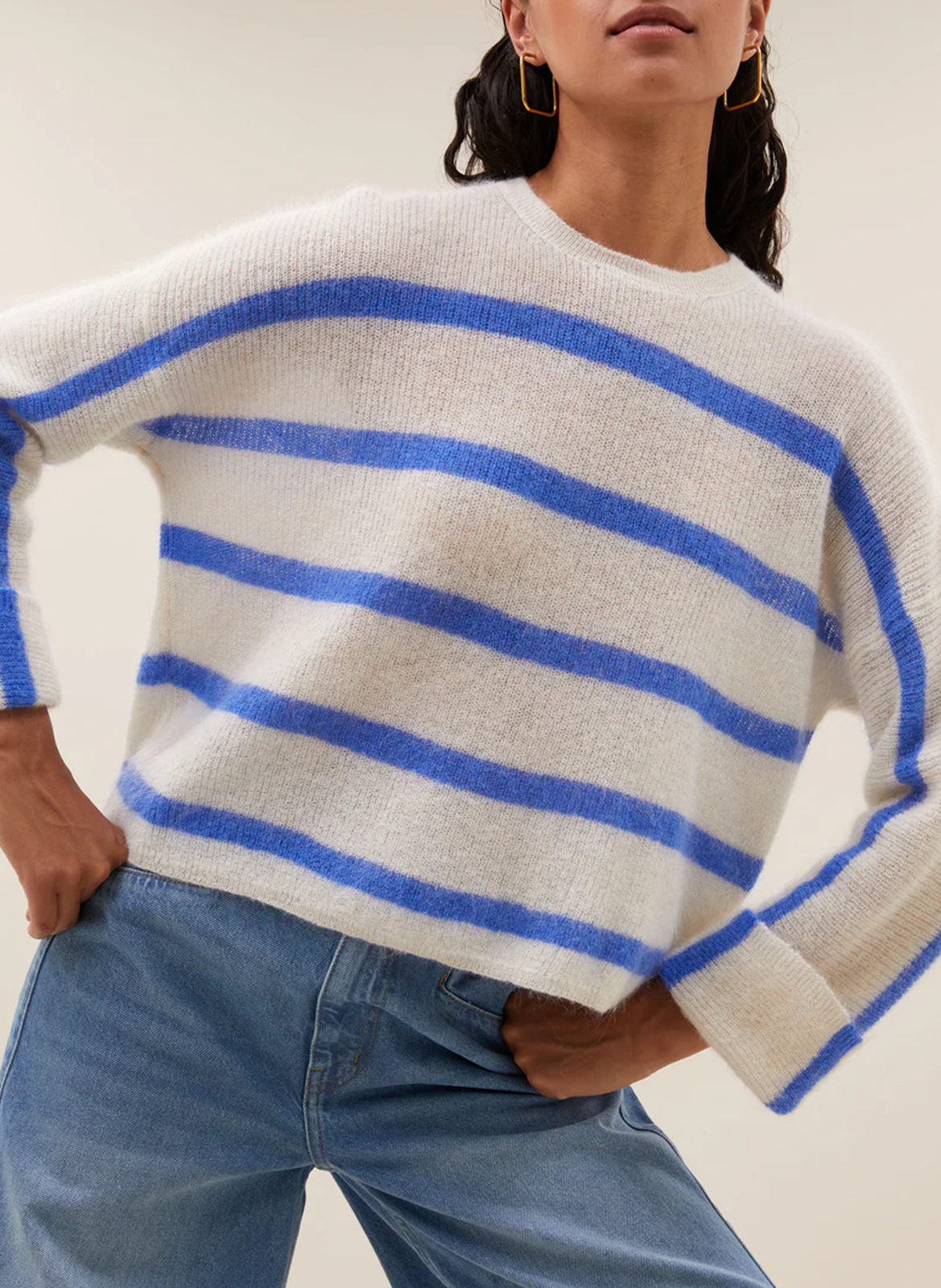 Ruimvallende, gestreepte trui | wolblend BY BAR Blauw
