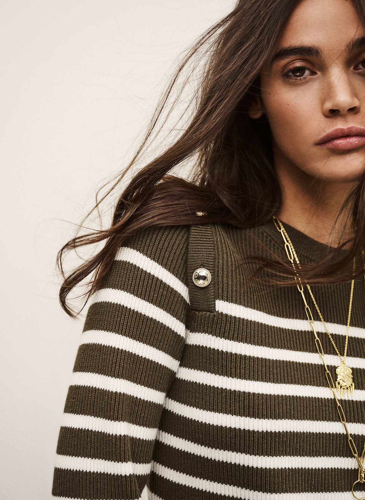 <p>Pull met ronde hals in katoen en wolmix met print</p> BA&SH Kaki