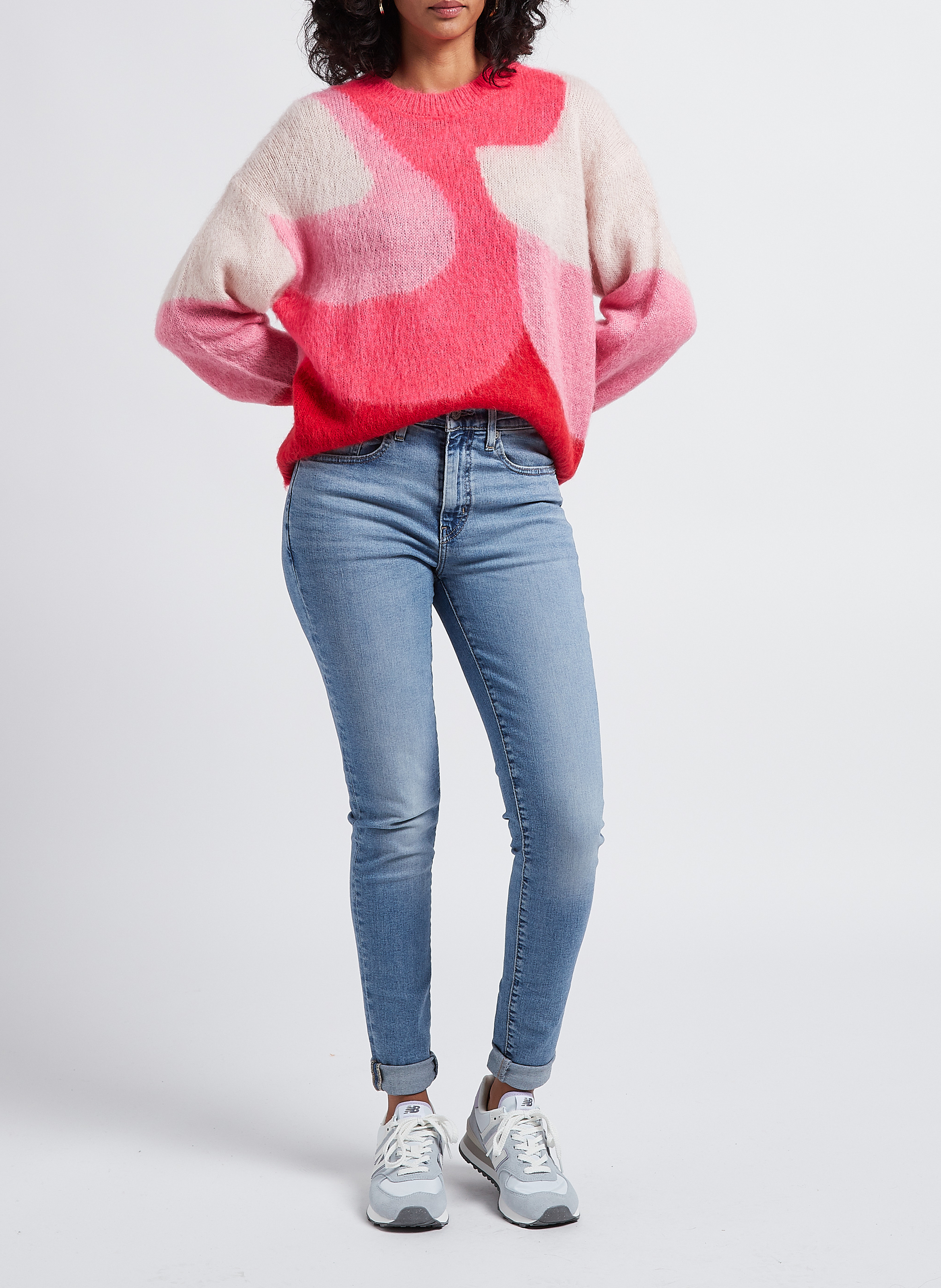 Pull col rond jacquard en maille mélangée INDEE Rose