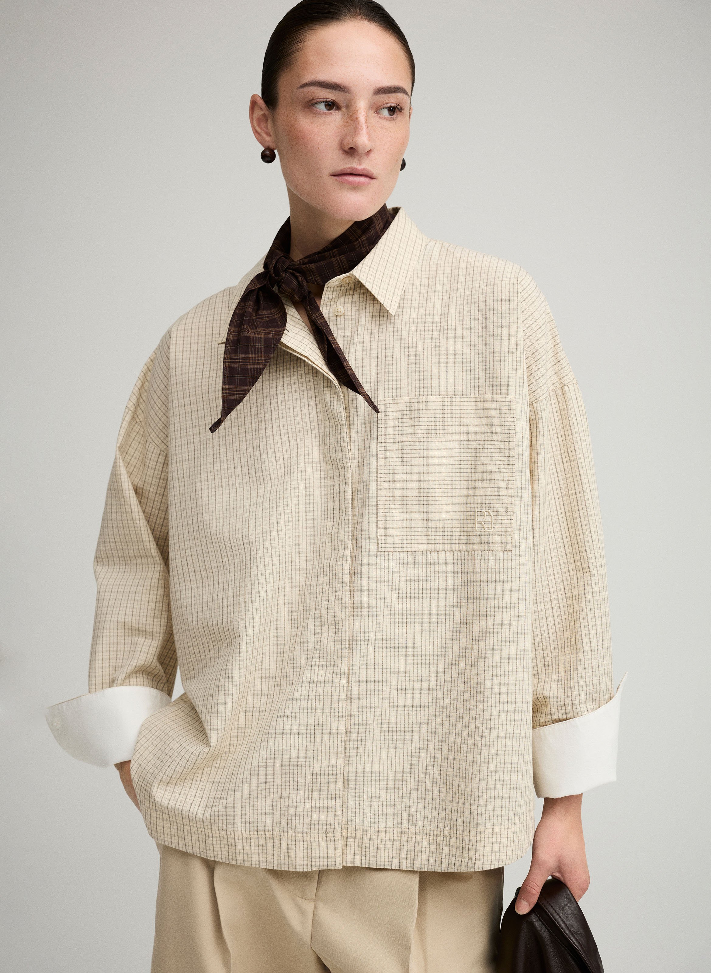 Oversized printed cotton shirt with classic collar ROUGE EDIT Beige