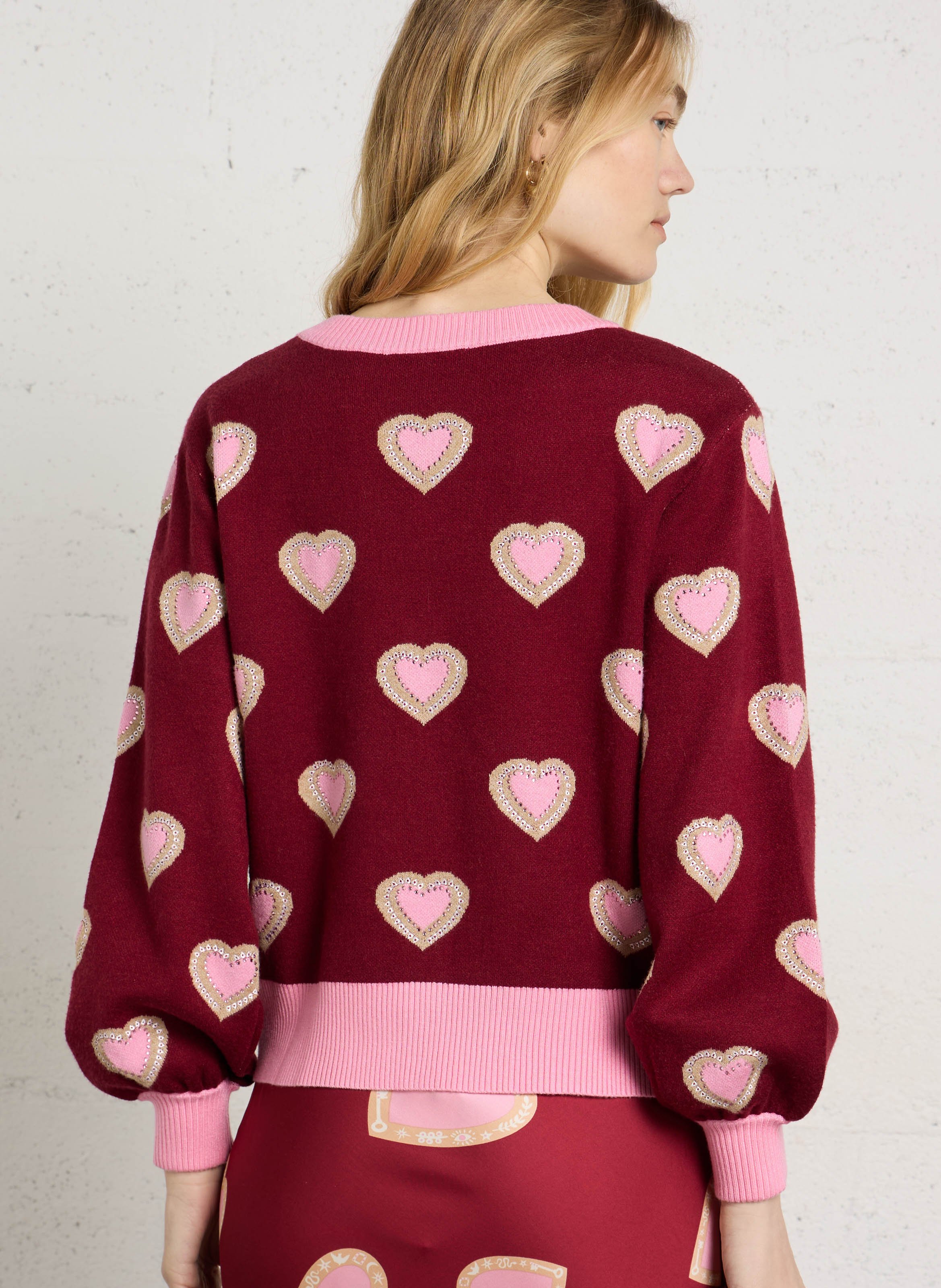 Straight V-neck cardigan with rhinestone print NEVER FULLY DRESSED Red