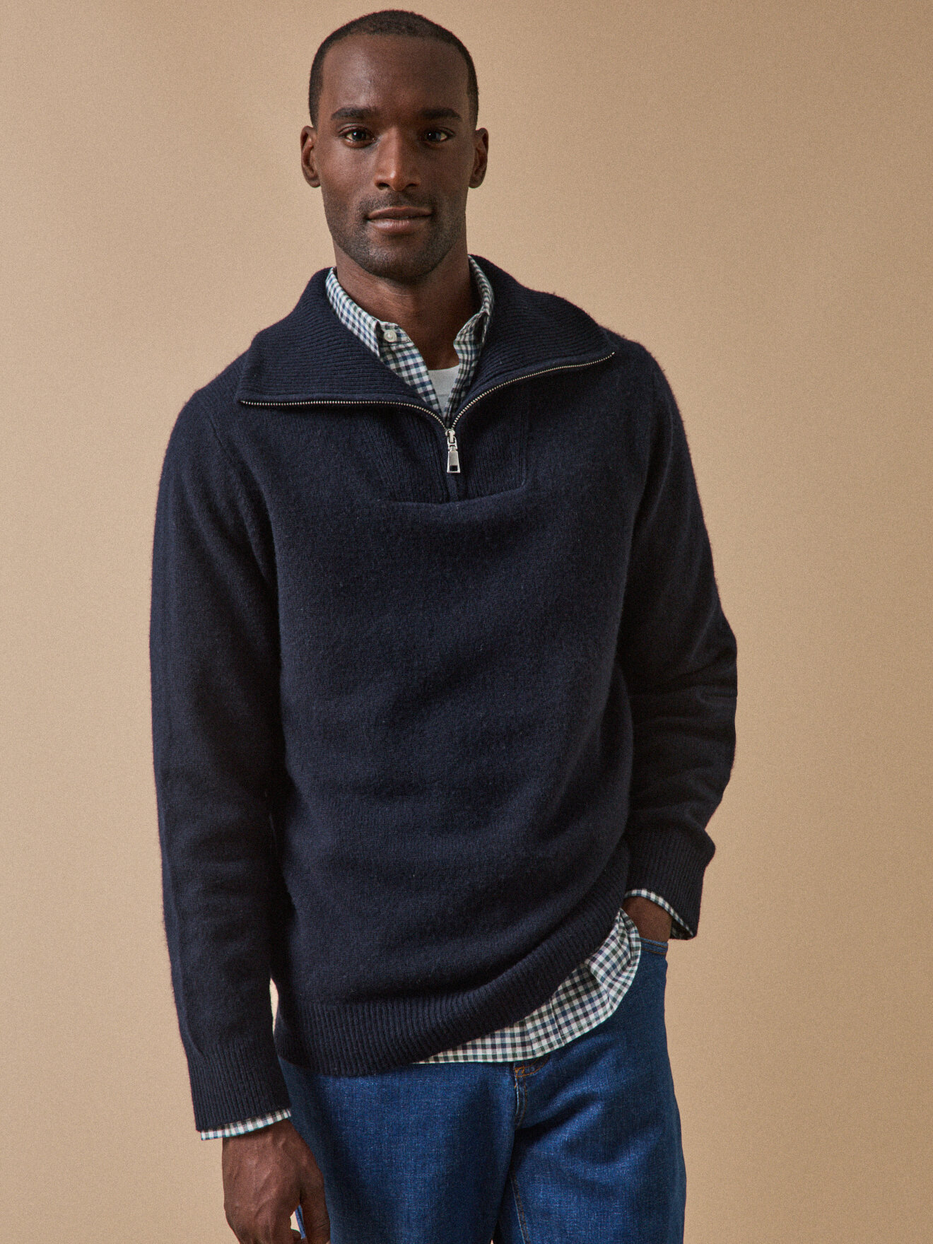 Merino wool zip-up mock neck sweater. CYRILLUS Blue