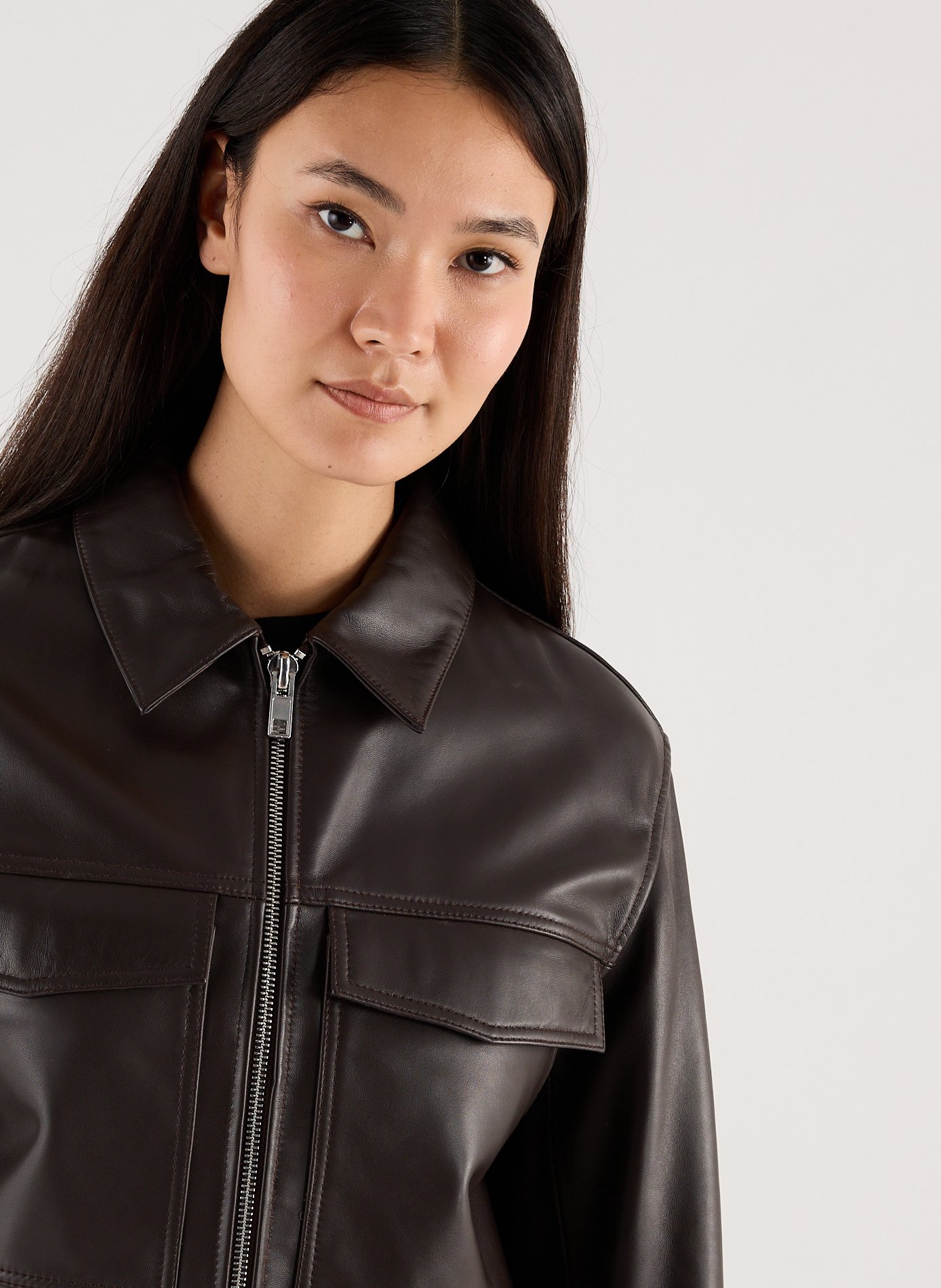 Short straight leather jacket SAISON 1865 Brown