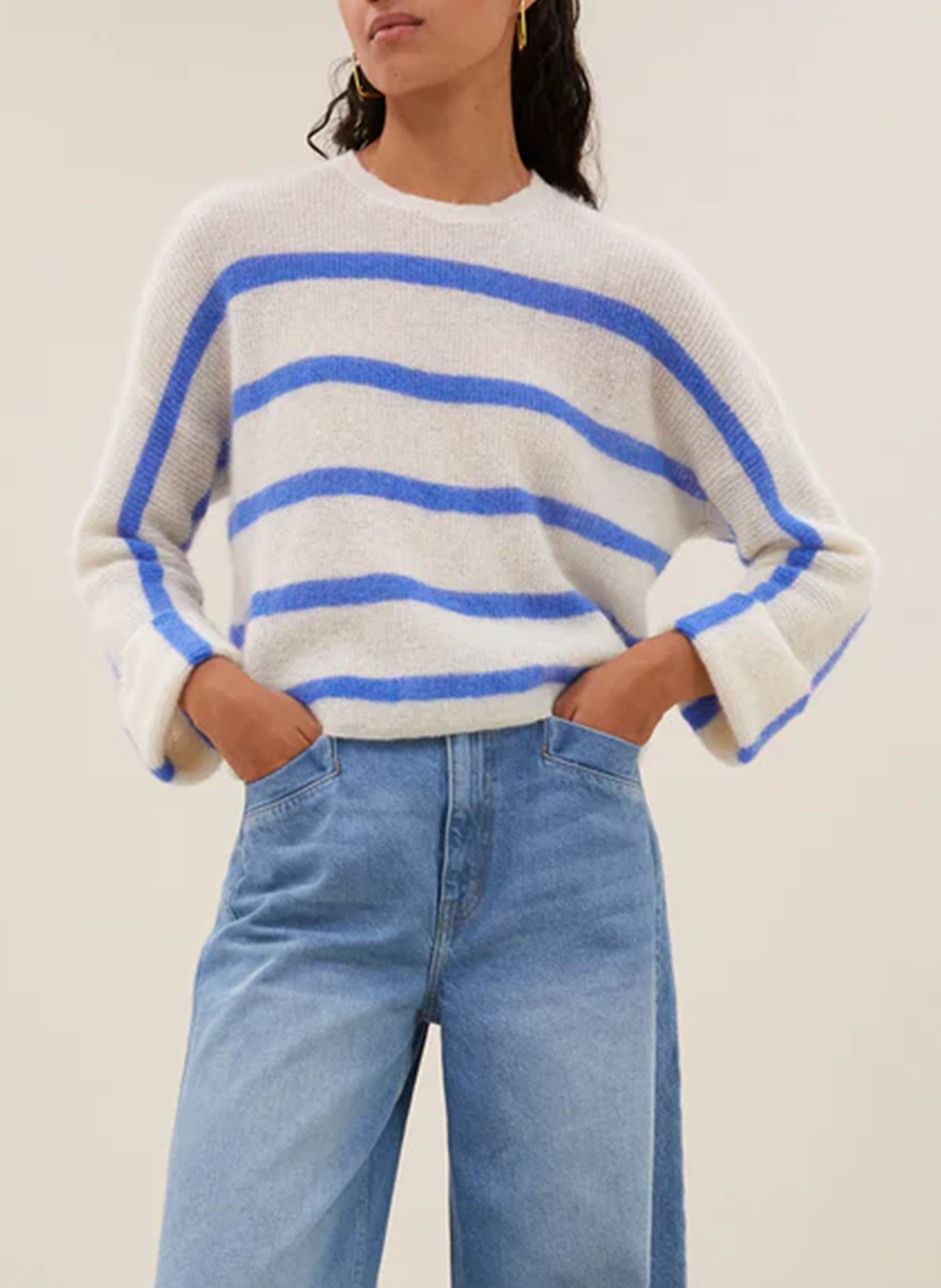 Ruimvallende, gestreepte trui | wolblend BY BAR Blauw