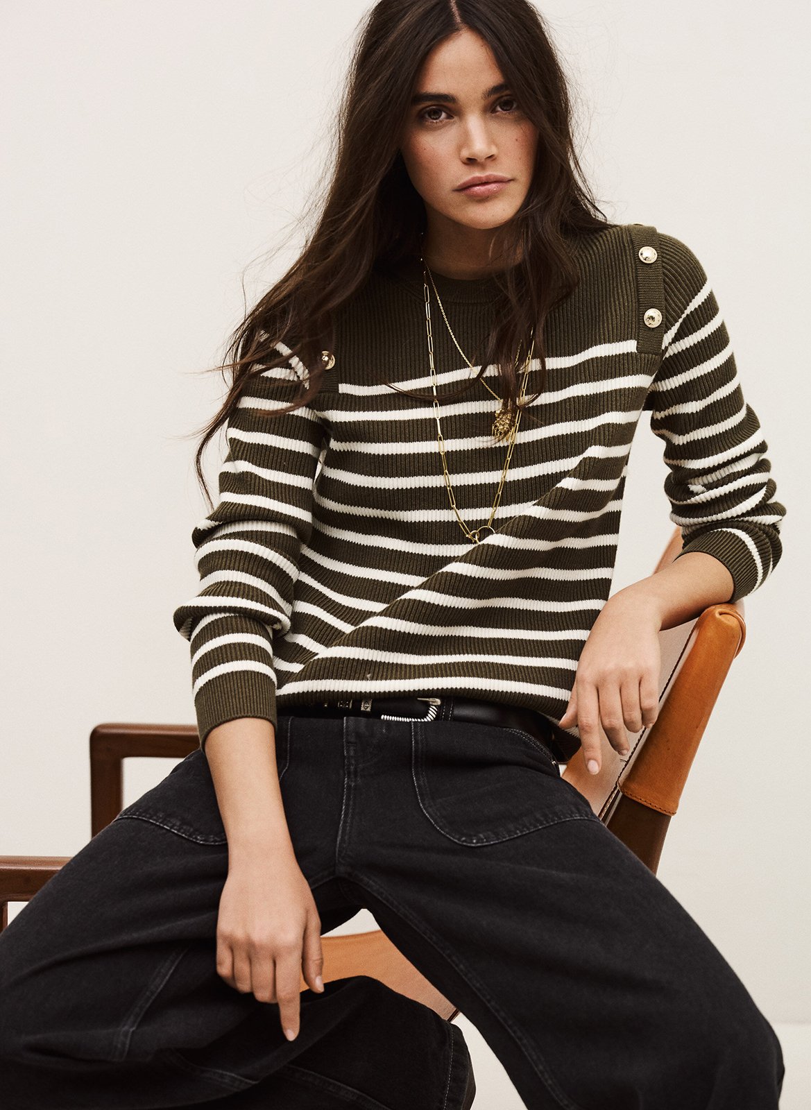 <p>Pull met ronde hals in katoen en wolmix met print</p> BA&SH Kaki