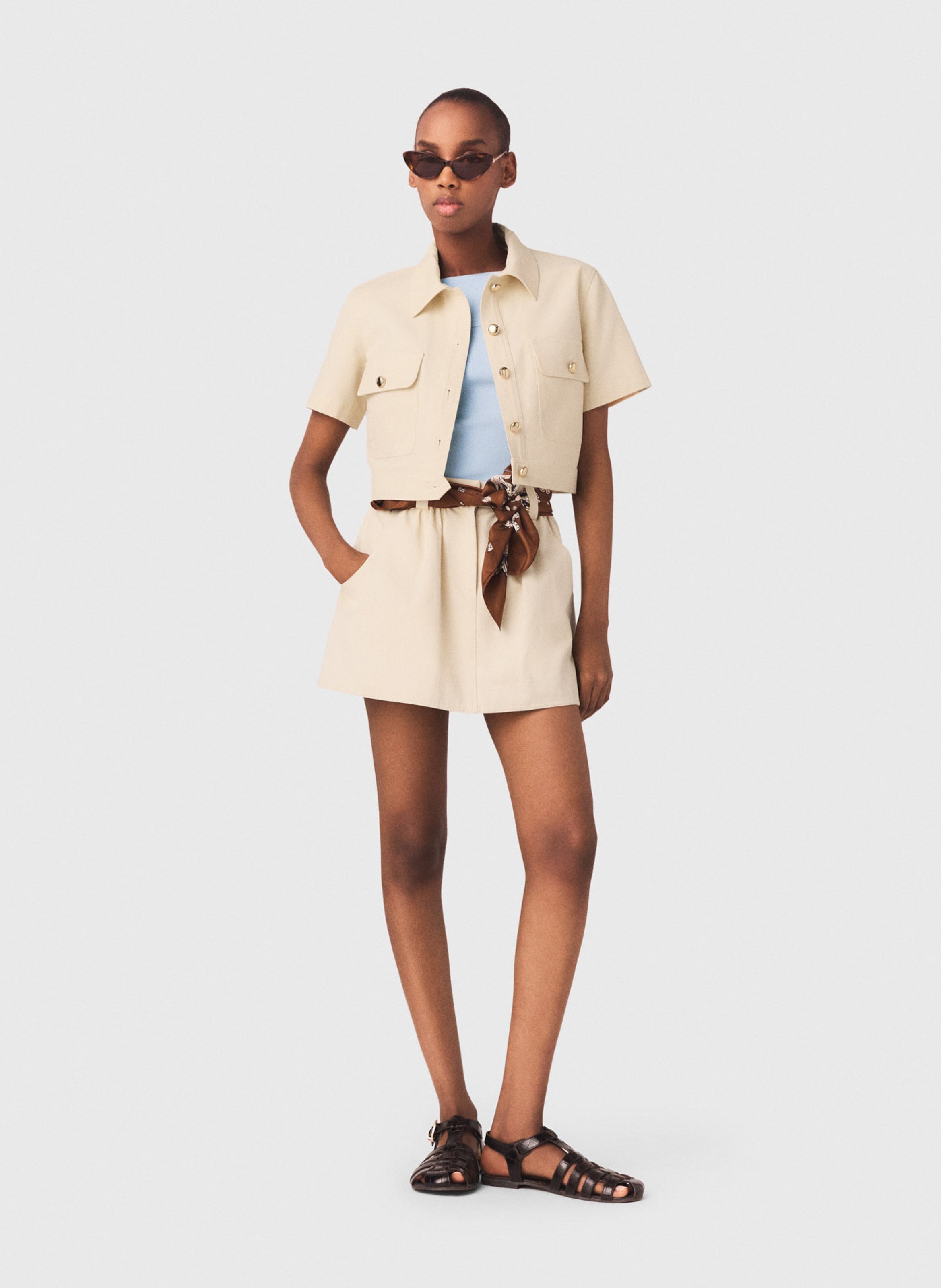 Chemise droite courte en coton MAJE Beige