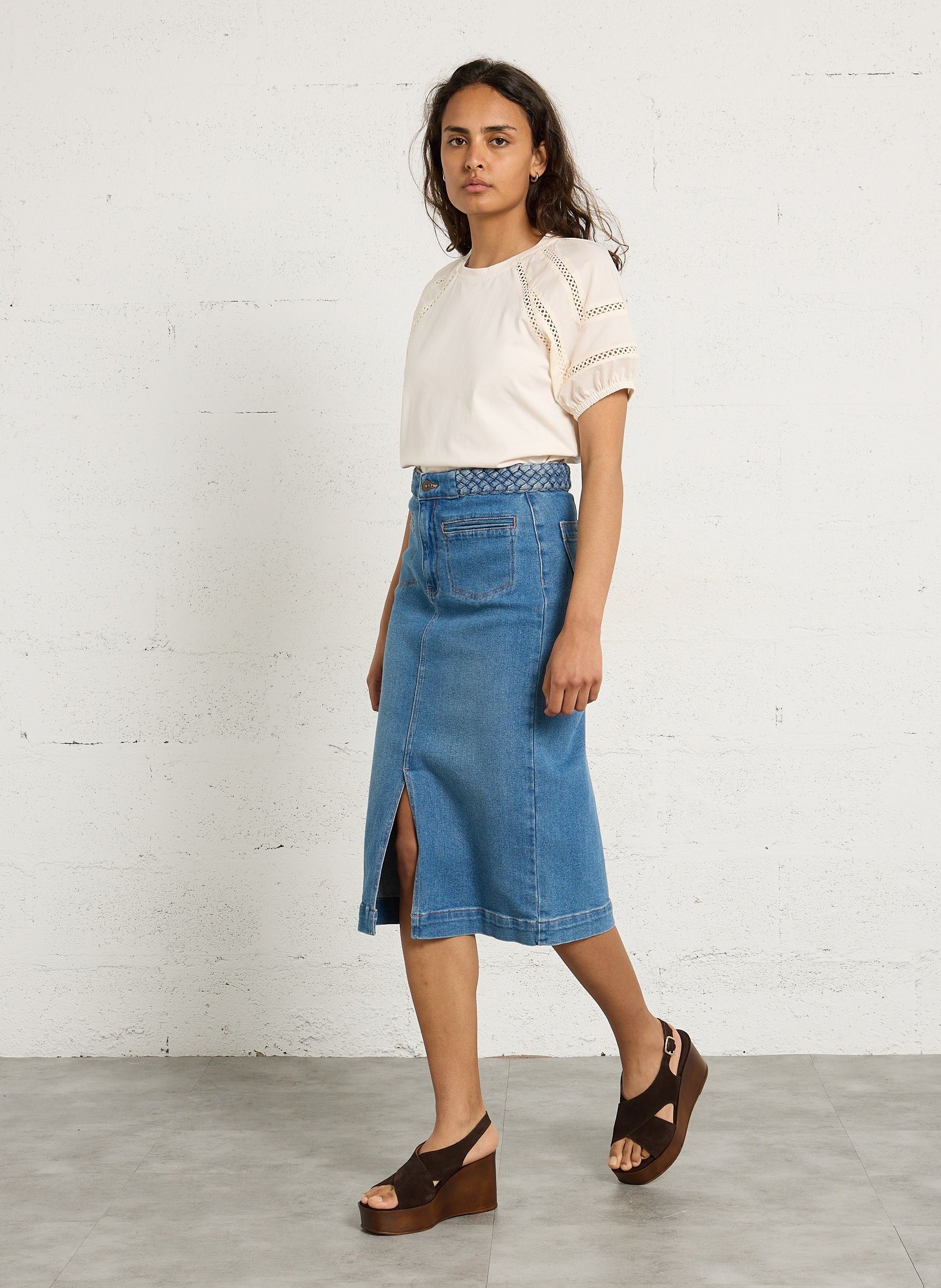 Midi-High-Waist-Jeansrock mit geflochtenen Details MAISON 123 Blau