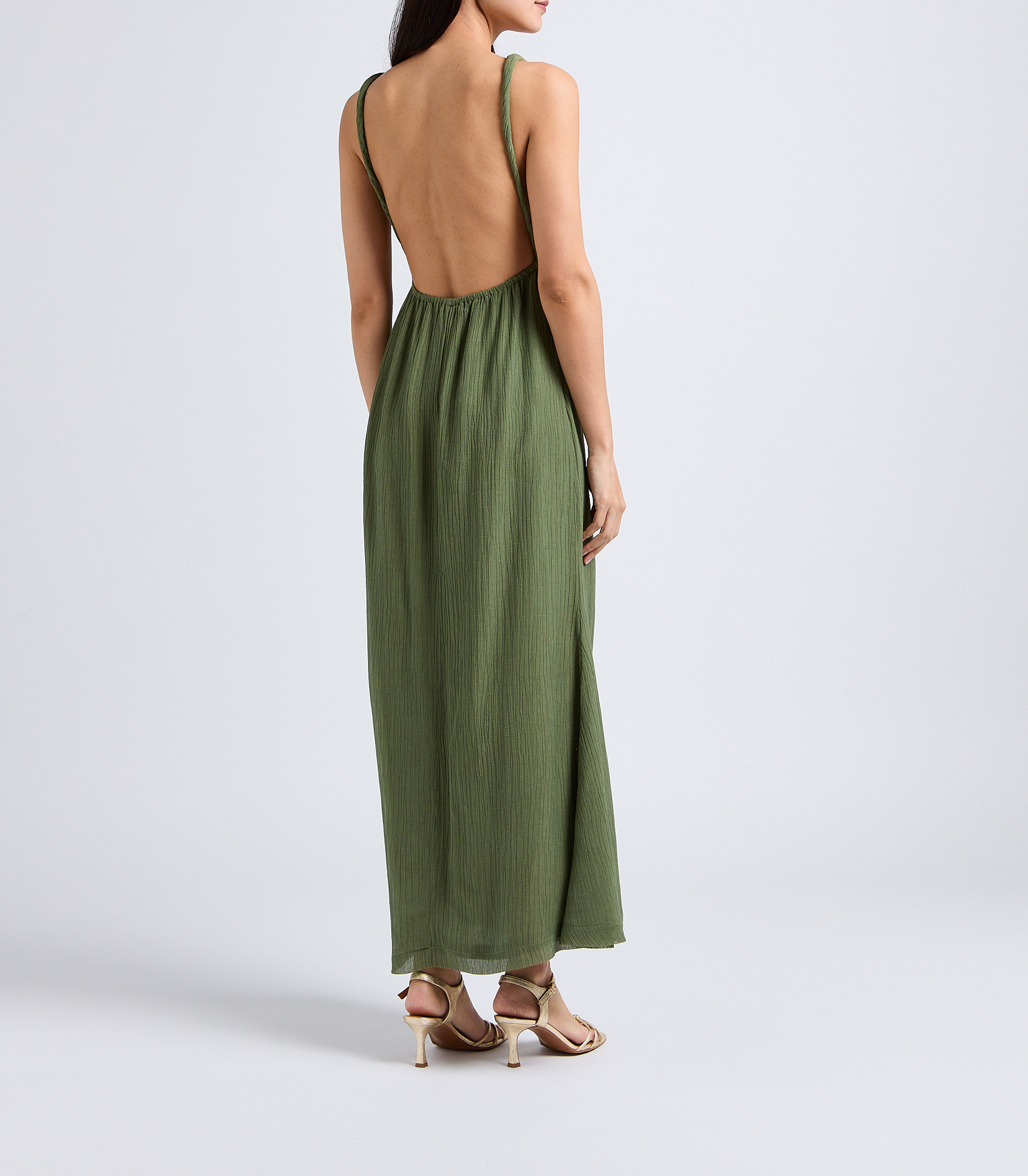 Robe longue ajourée à dos nu en soie et lin KARMA KOMA Vert