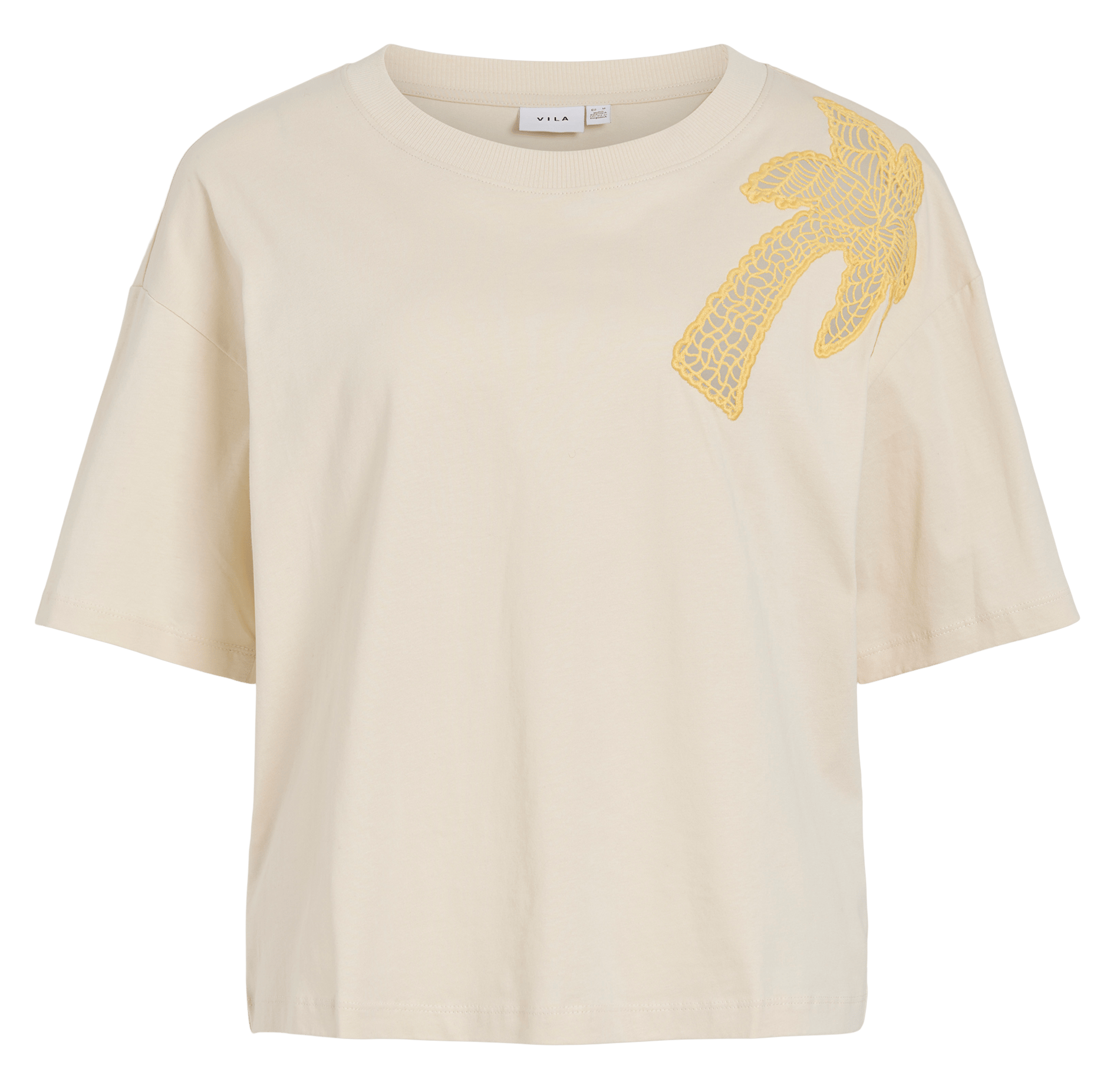 Round neck t-shirt with palm tree embroidery VILA Grey