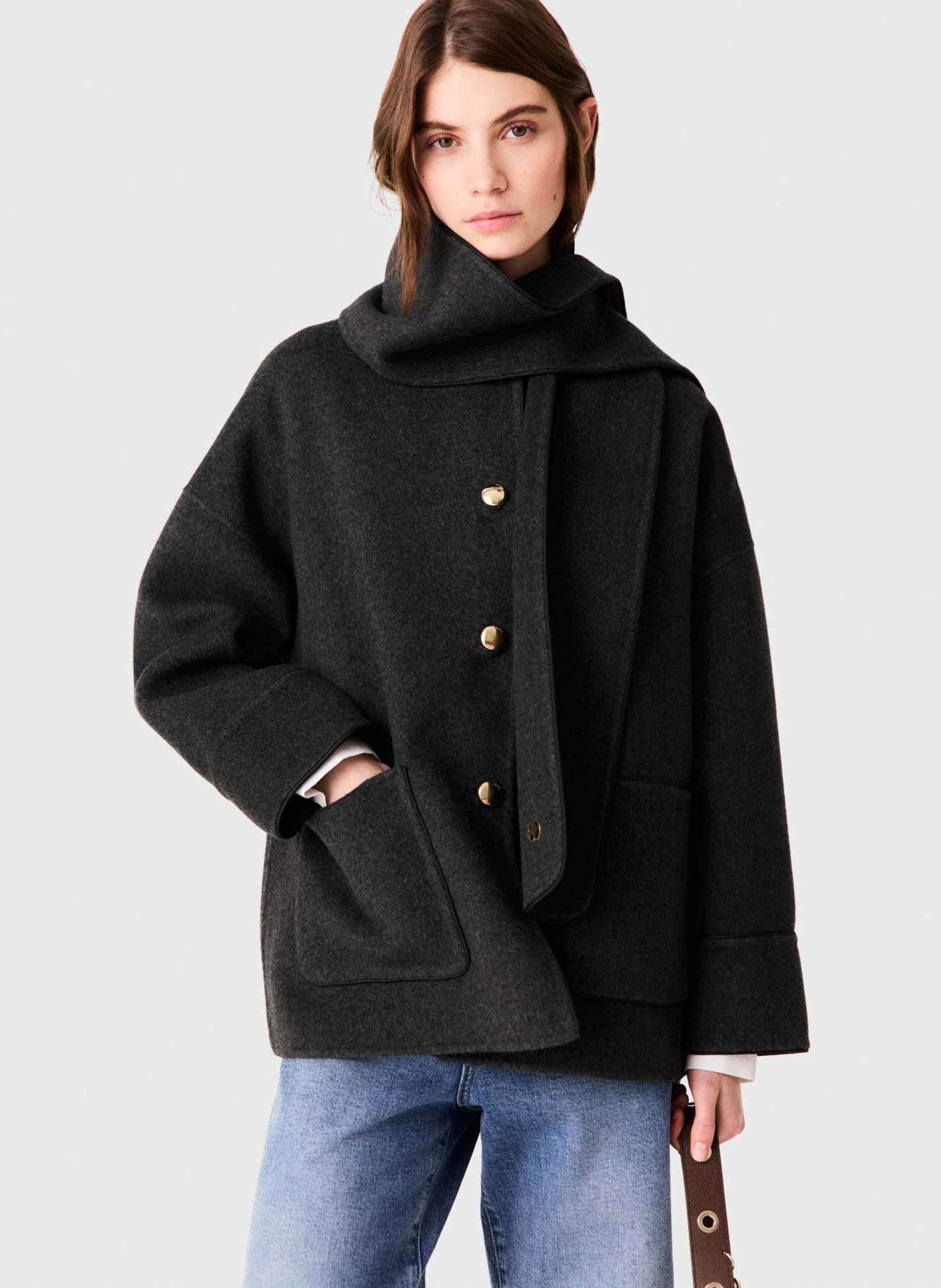 Manteau droit col classique avec écharpe amovible en laine mélangée MAJE Gris