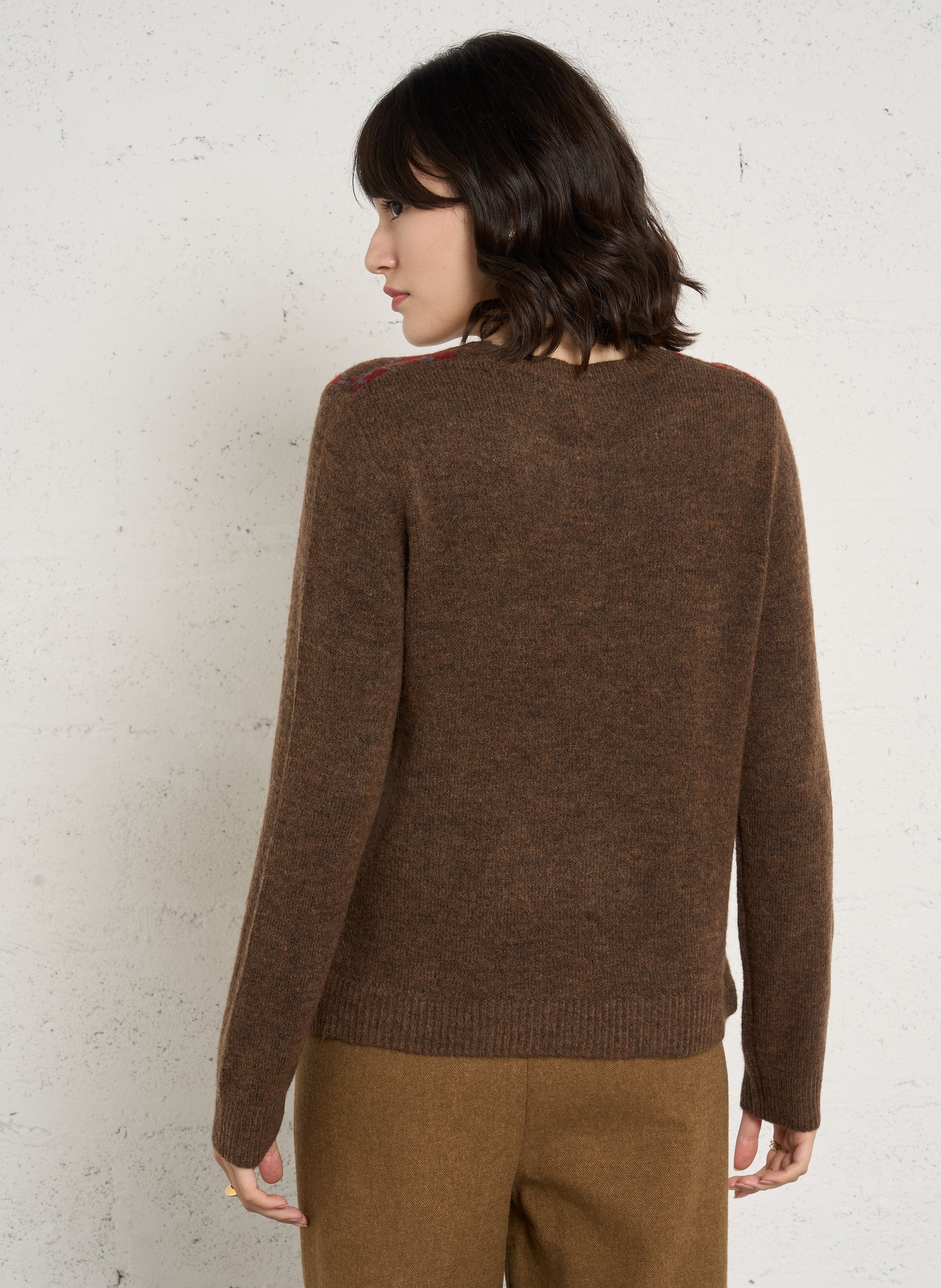 Pull droit col rond jacquard motif fleuri NICE THINGS Marron
