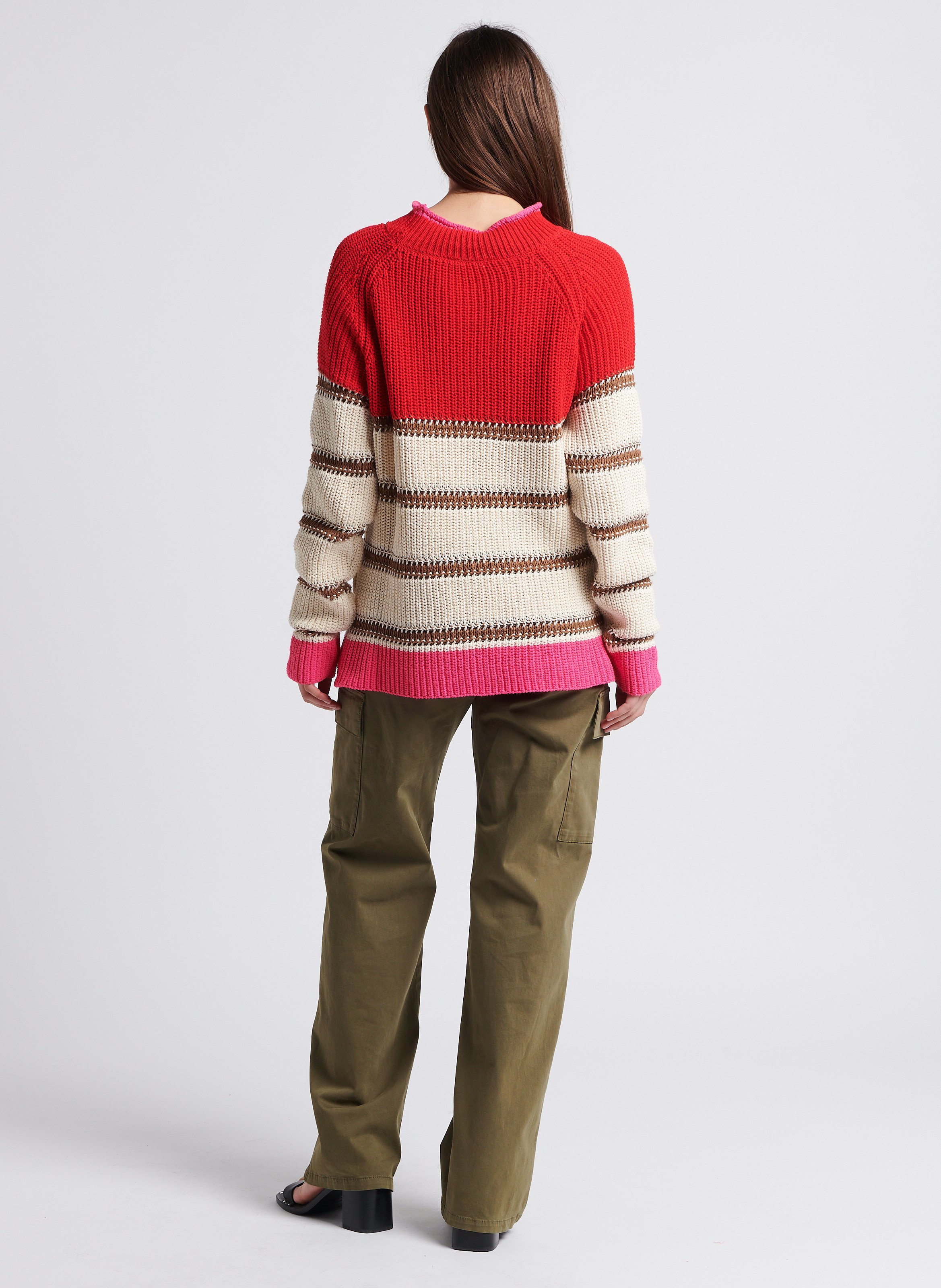 Striped high-neck cotton-blend mixed-knit sweater DR BLOOM Pink