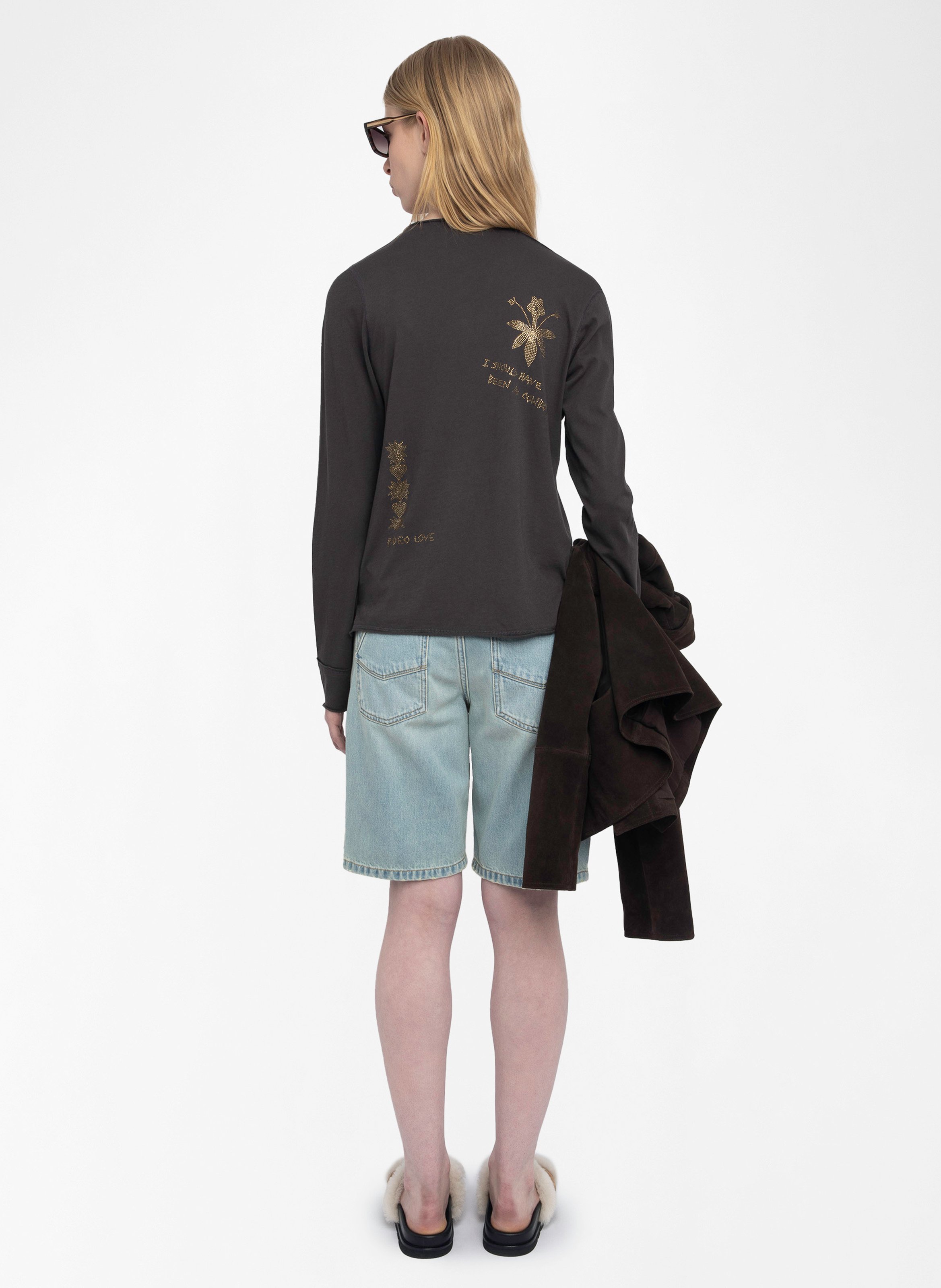 Tee-shirt droit manches longues à strass Marron