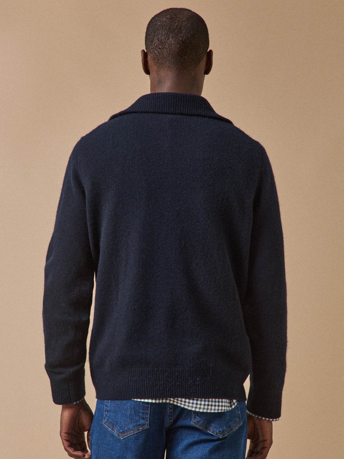 Merino wool zip-up mock neck sweater. CYRILLUS Blue