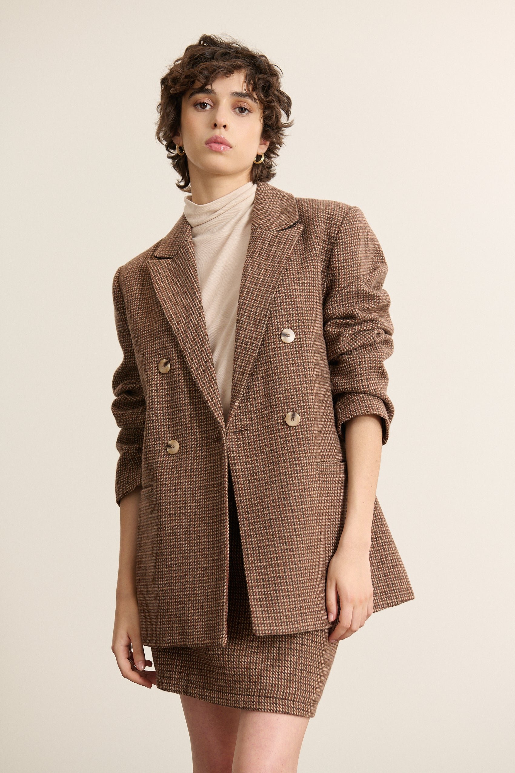 Checked wool blend blazer coat GARANCE PARIS Brown