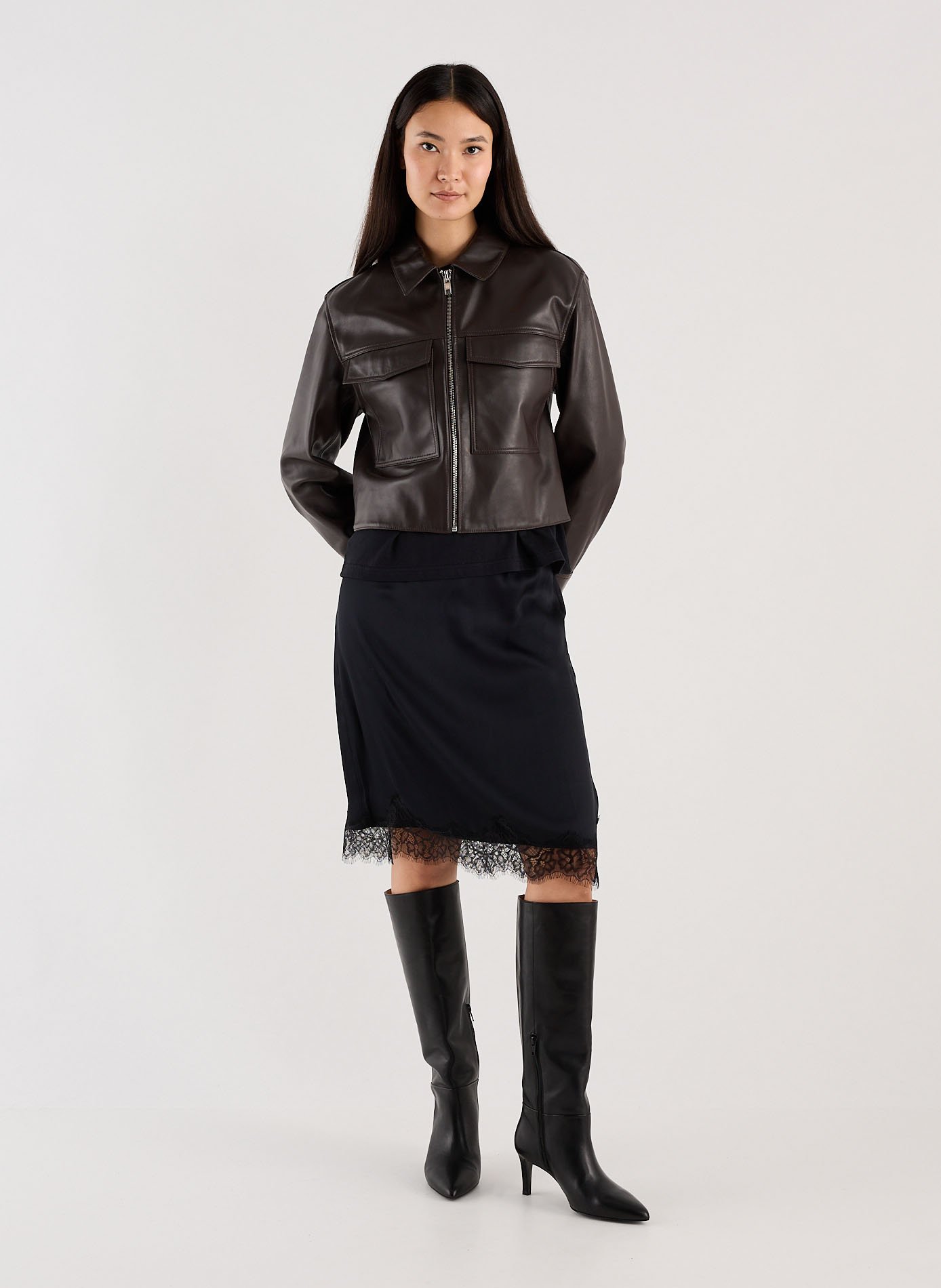 Short straight leather jacket SAISON 1865 Brown