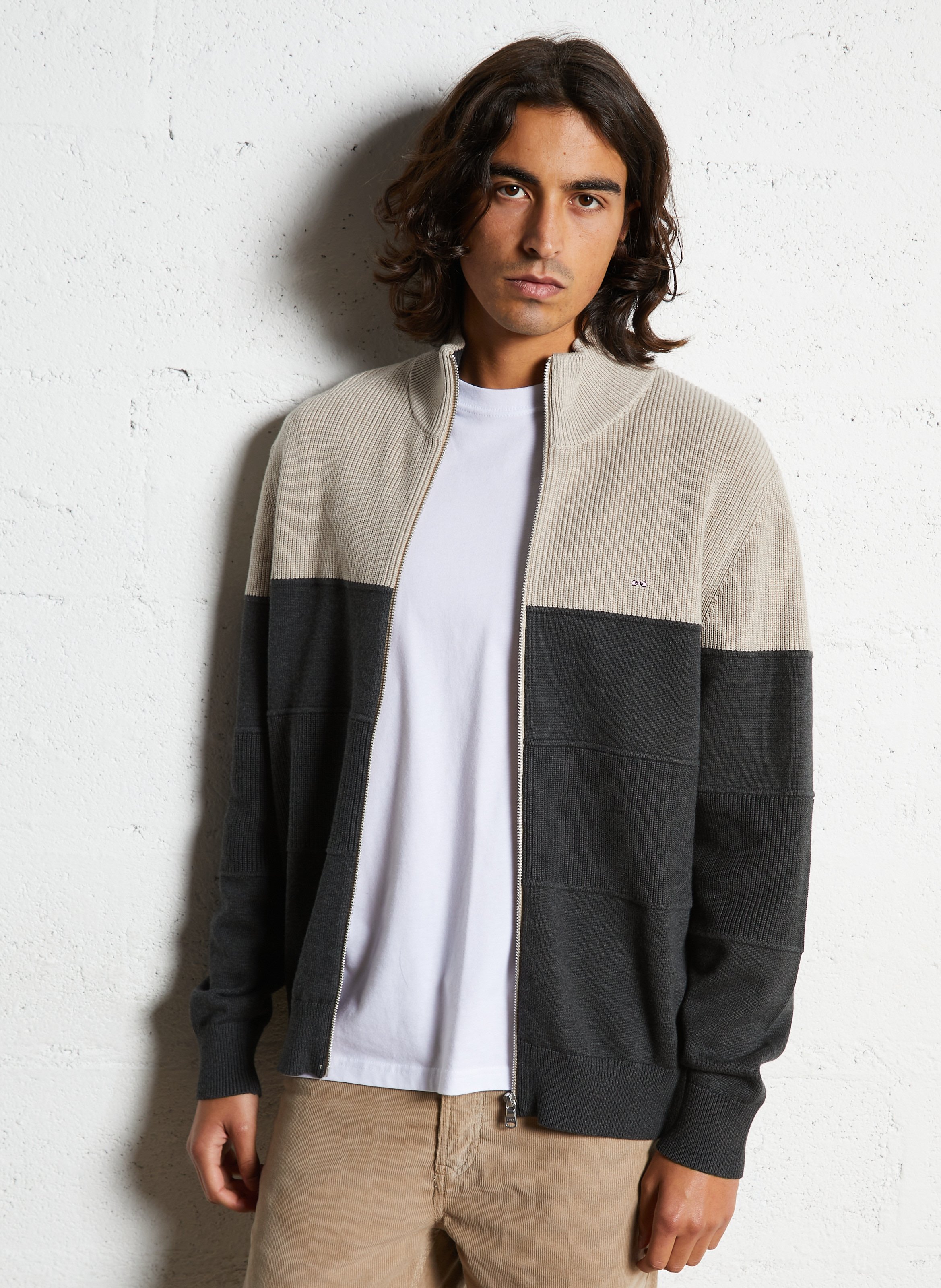 Cardigan zippé à col montant en coton EDEN PARK Gris