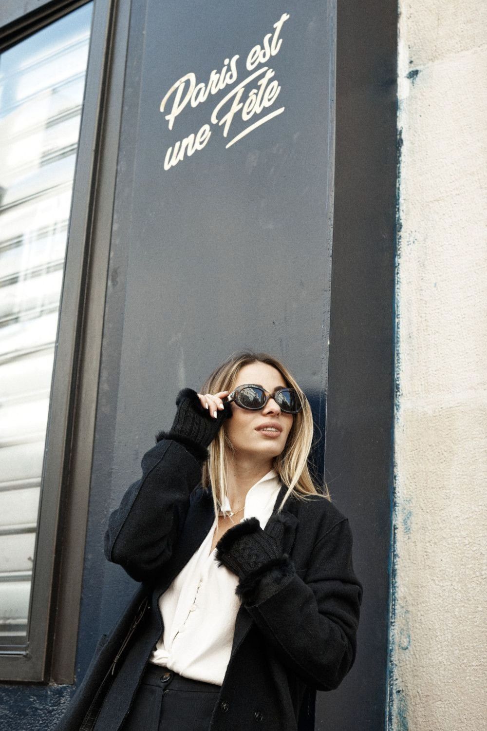 Victory wool fingerless gloves lined with rabbit fur AGNELLE Black