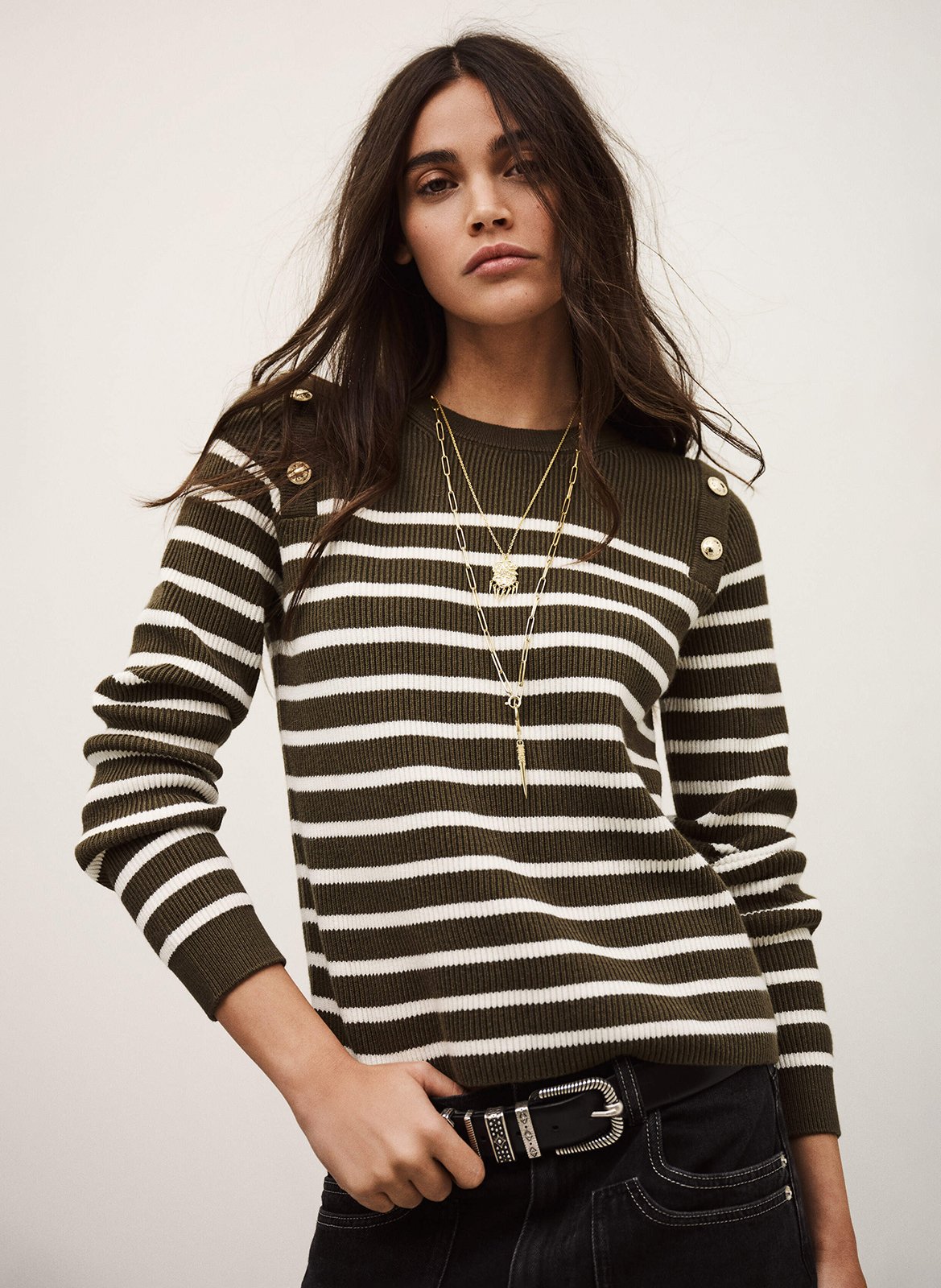 <p>Pull met ronde hals in katoen en wolmix met print</p> BA&SH Kaki