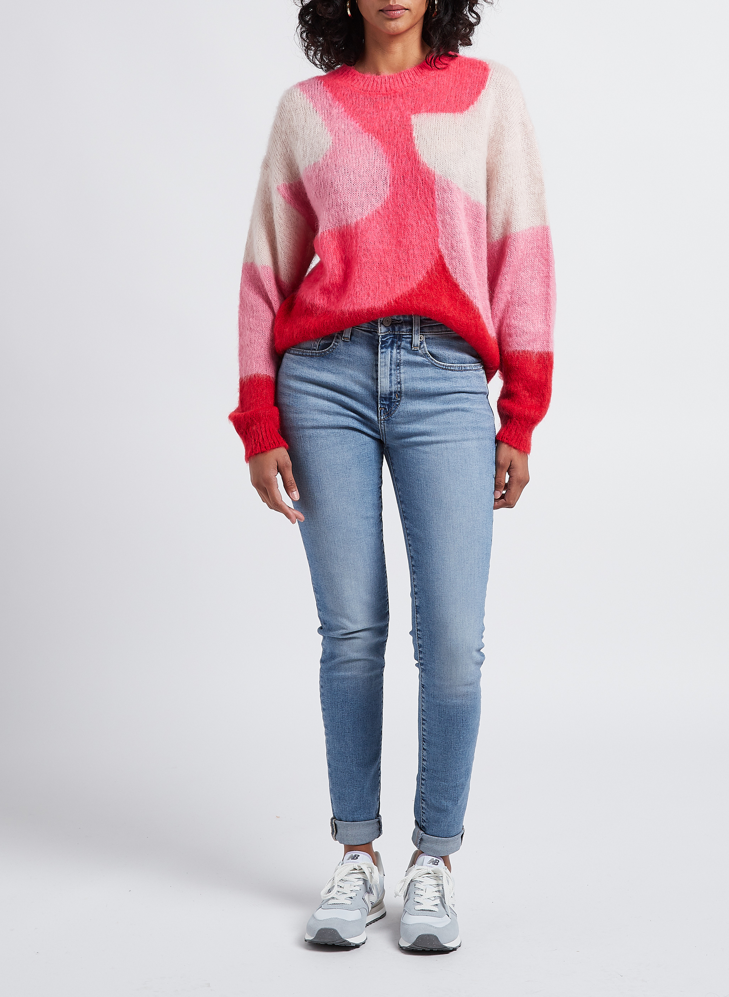 Pull col rond jacquard en maille mélangée INDEE Rose