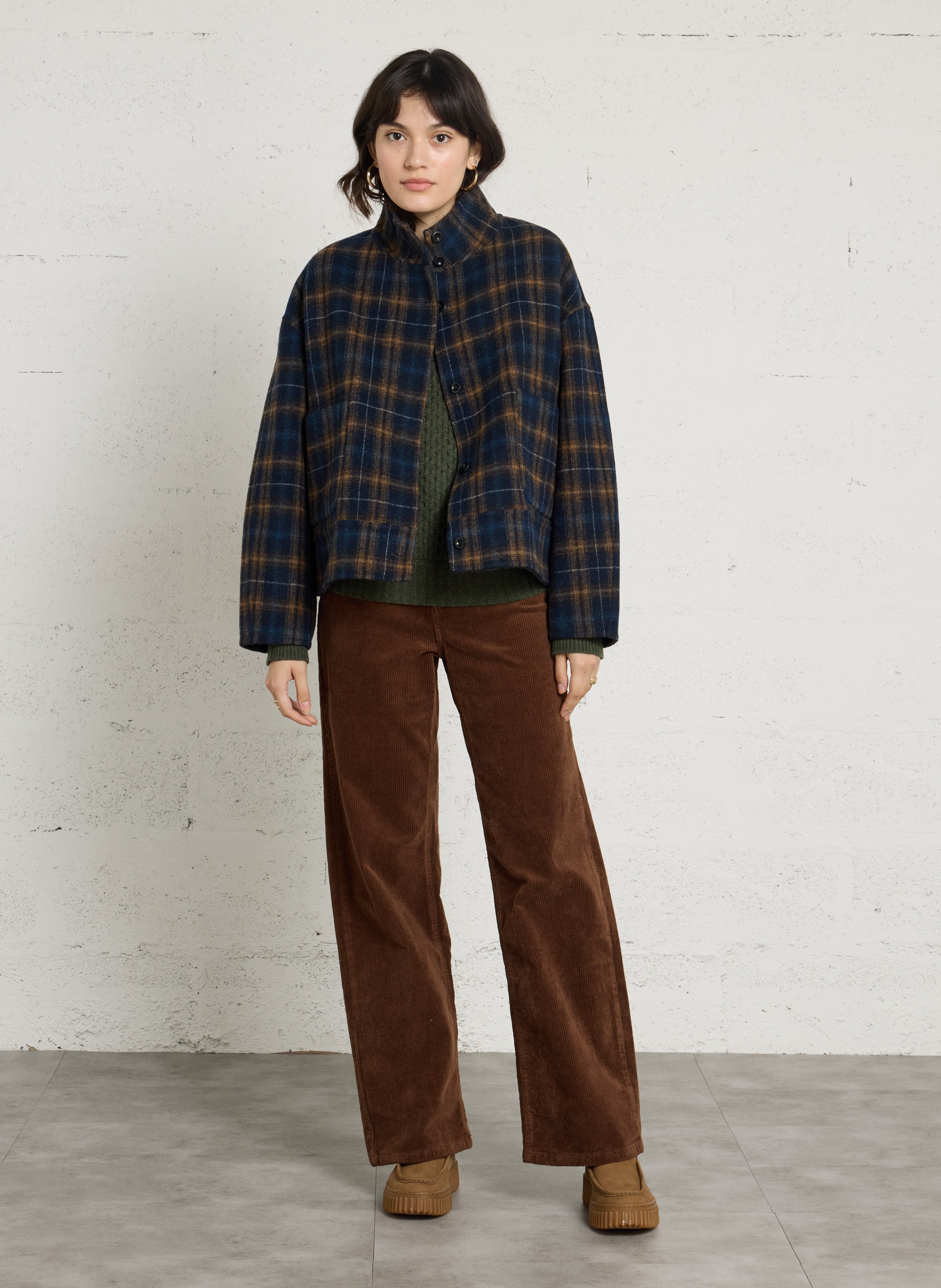 Straight high-neck jacket in checked wool blend SEE U SOON Blue