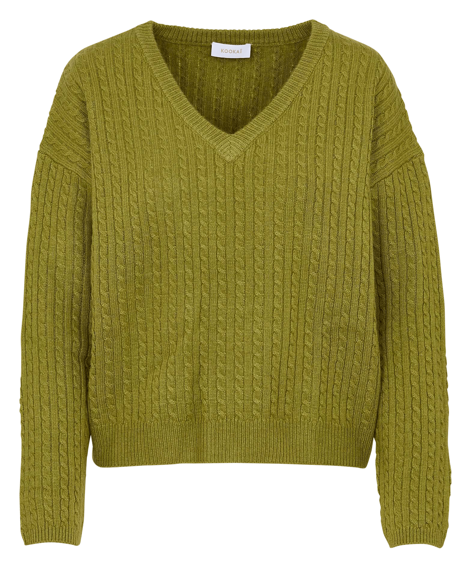 Pull droit col v maille torsadée en laine mélangée KOOKAI Vert