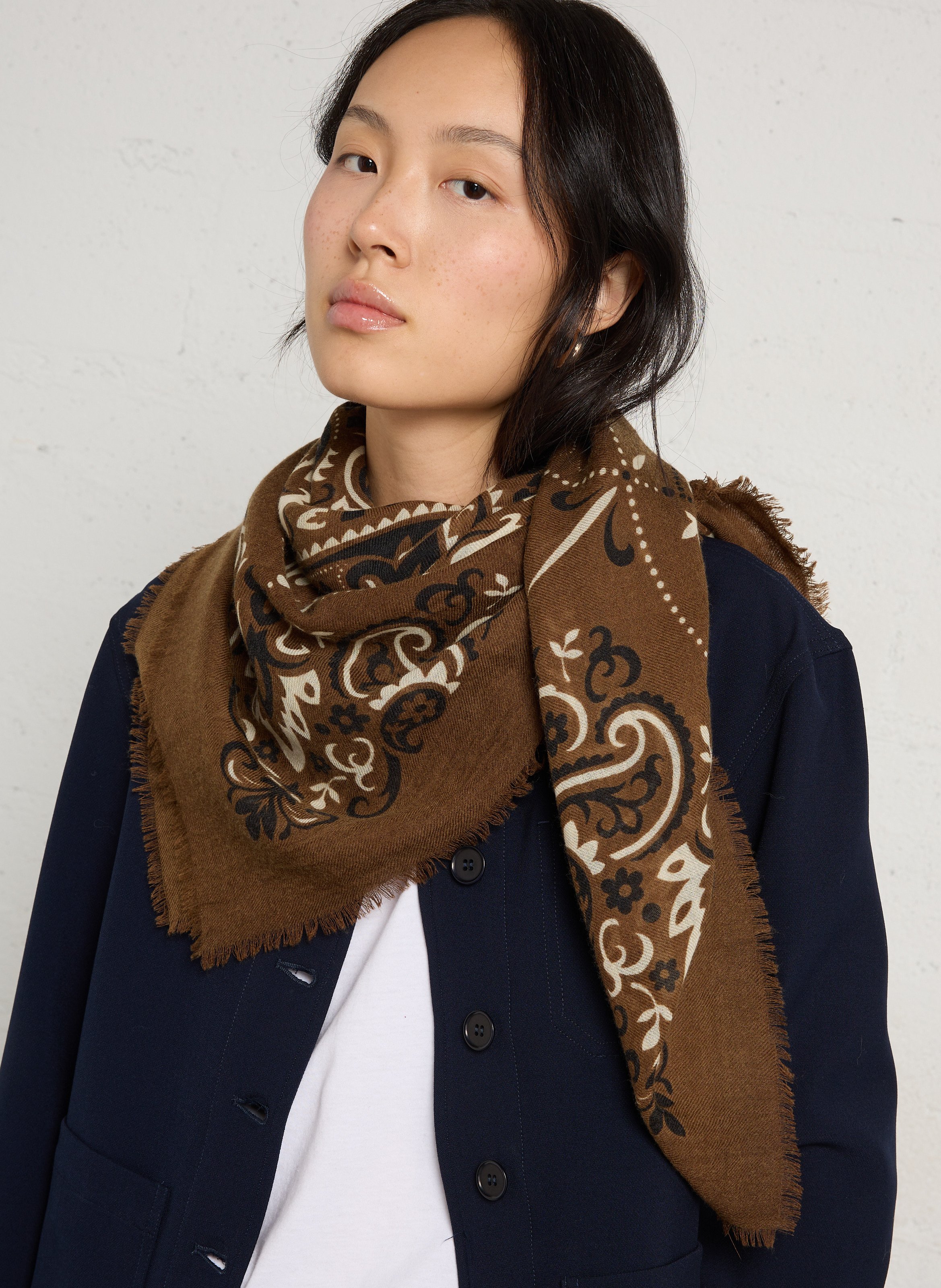 Foulard imprimé en laine et cachemire MAISON LECOMTE FLAMENT Marron