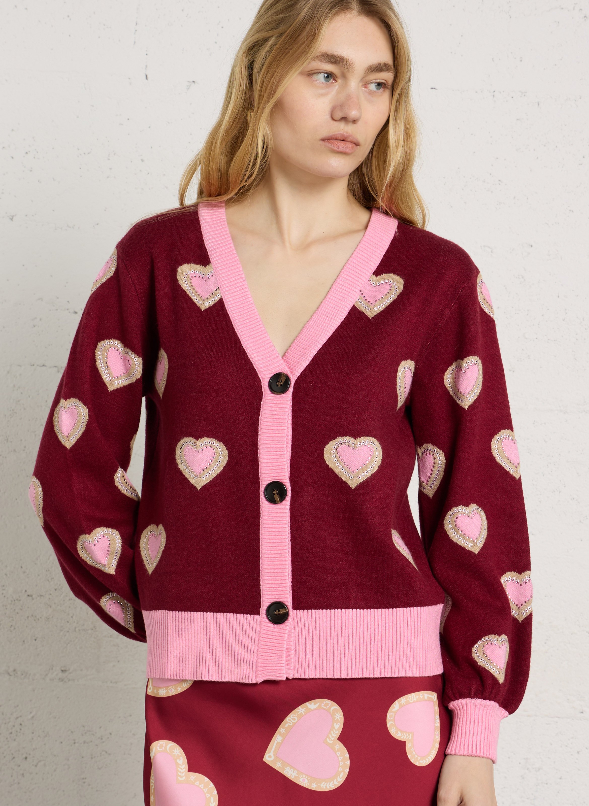 Straight V-neck cardigan with rhinestone print NEVER FULLY DRESSED Red
