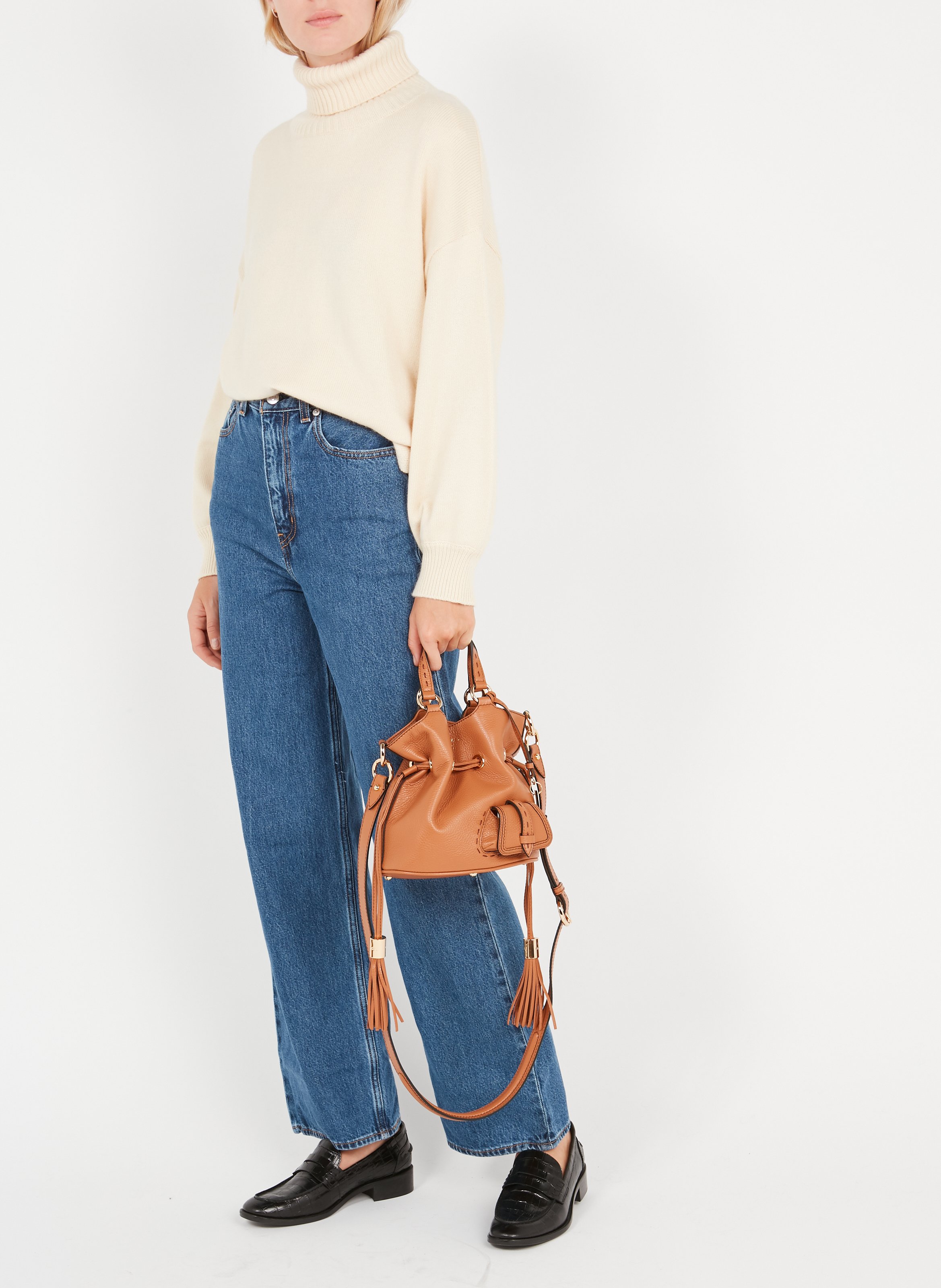 Sac seau en cuir grainé LANCEL Marron