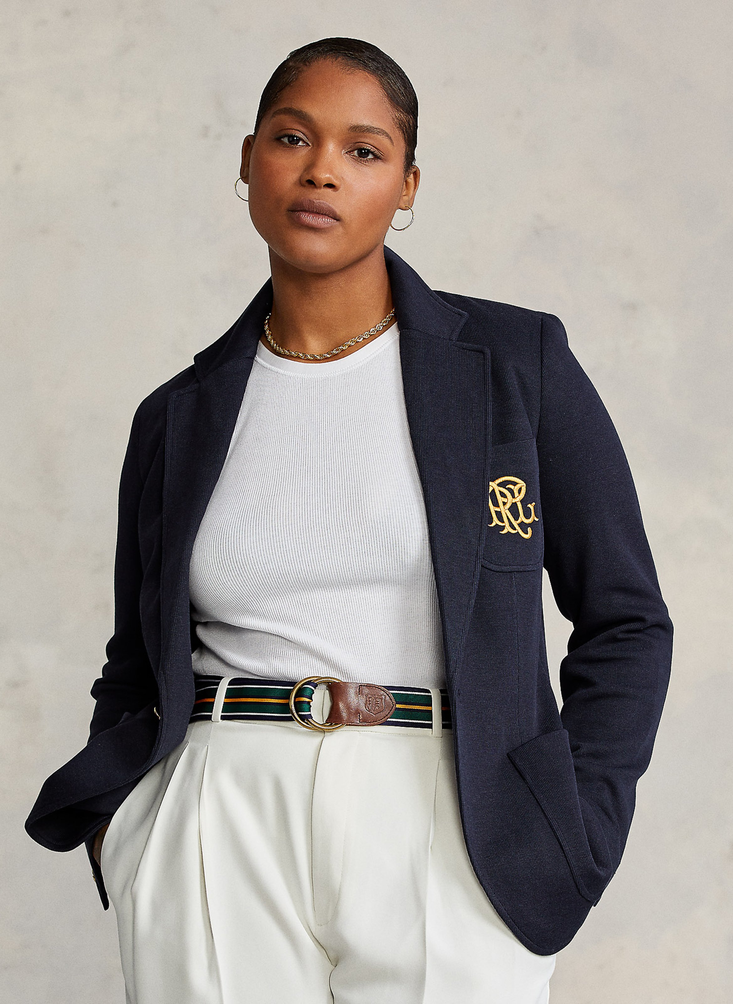 Veste col tailleur brodee en coton melange Bleu