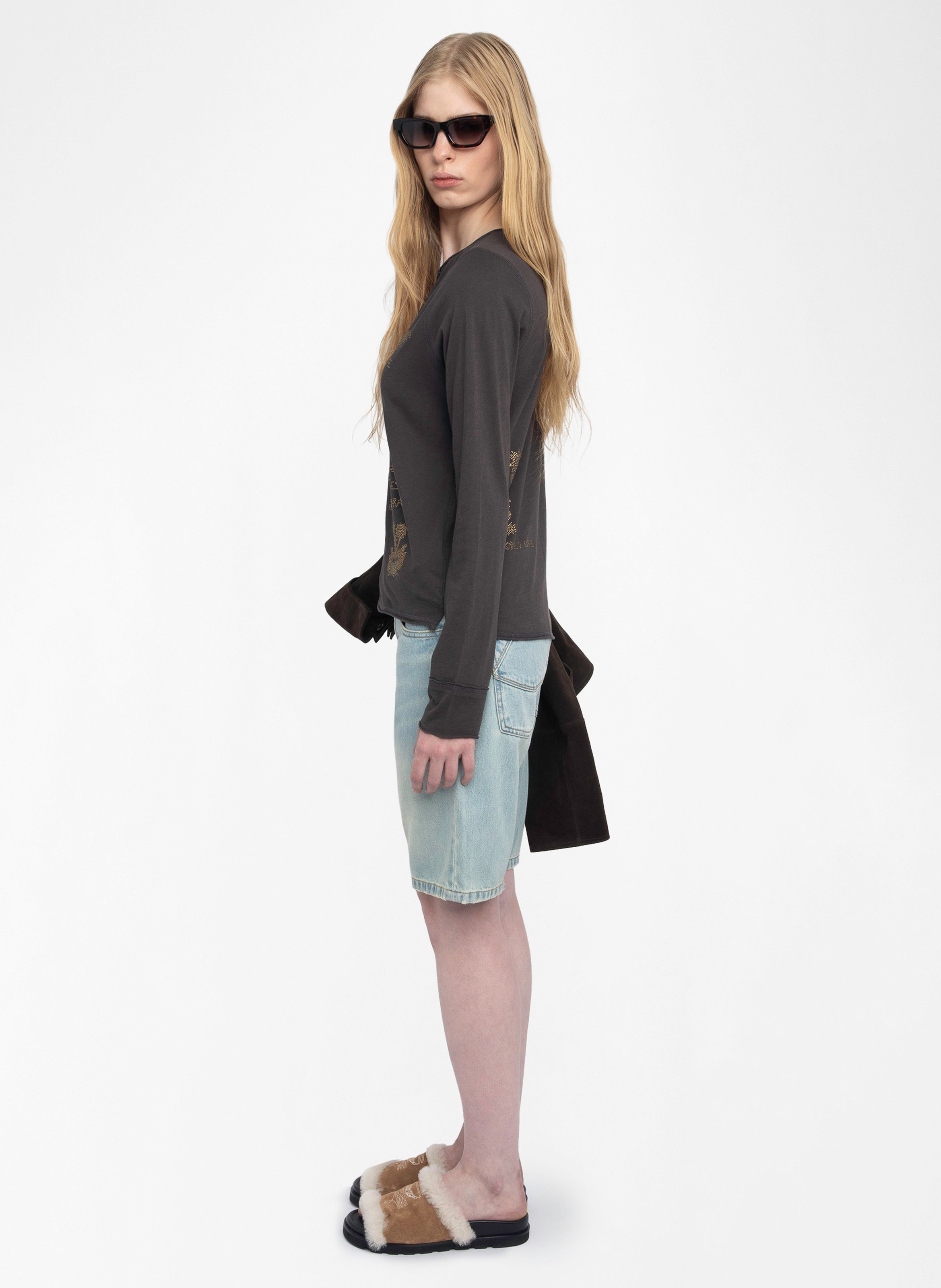 Tee-shirt droit manches longues à strass Marron