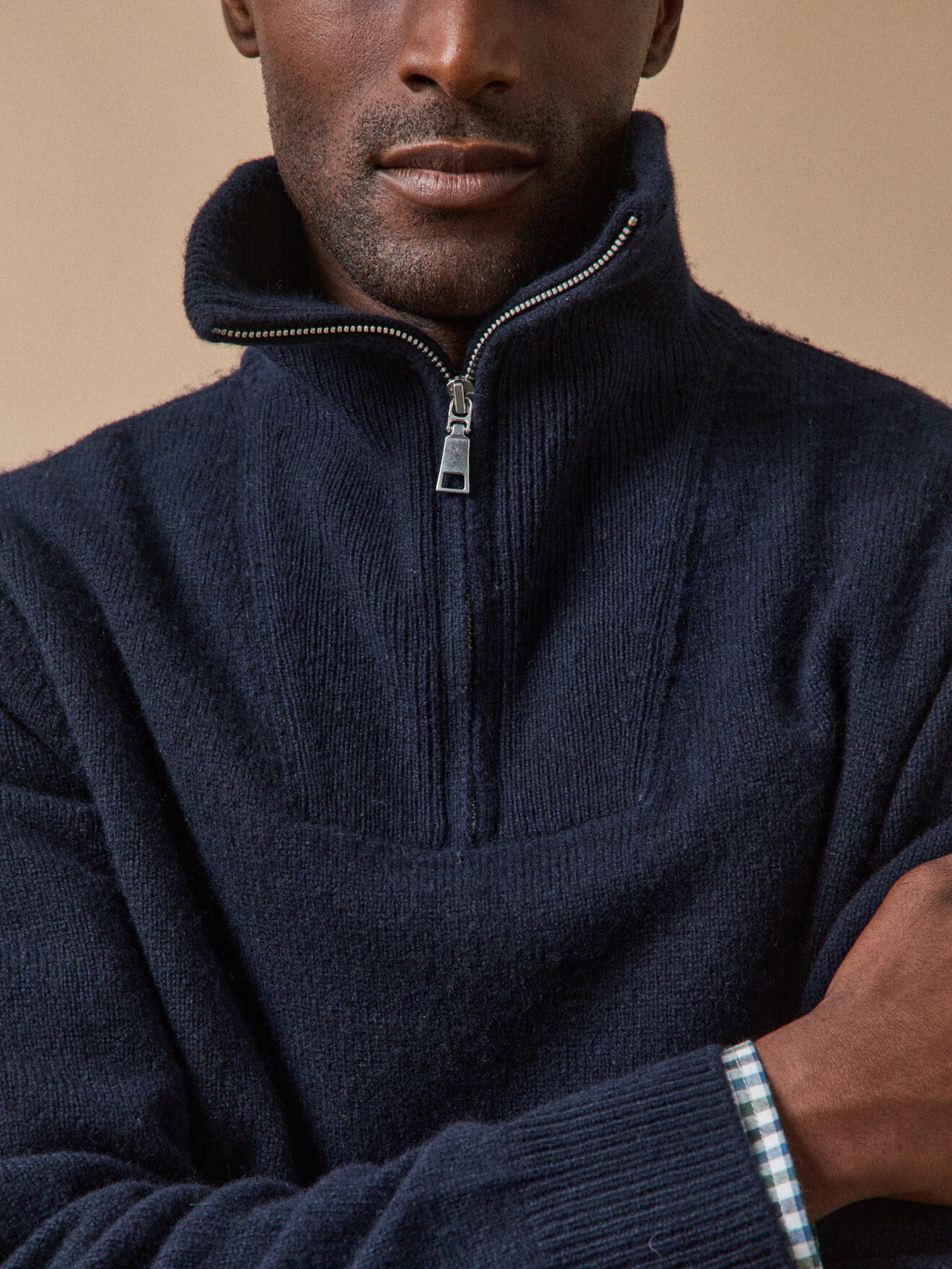 Merino wool zip-up mock neck sweater. CYRILLUS Blue