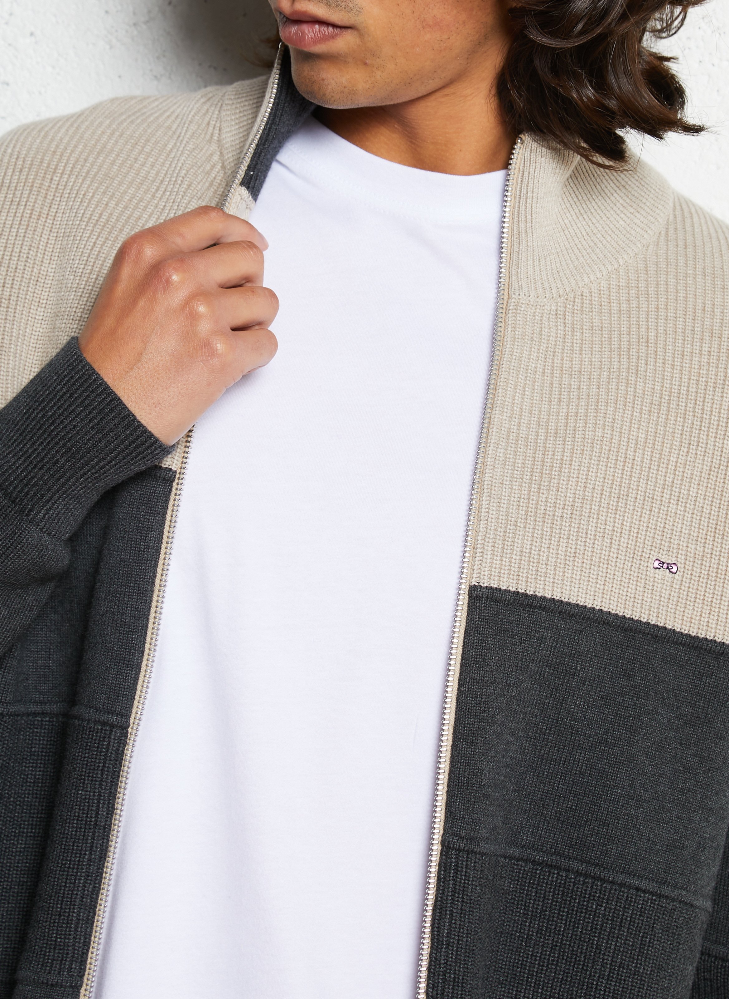 Cardigan zippé à col montant en coton EDEN PARK Gris