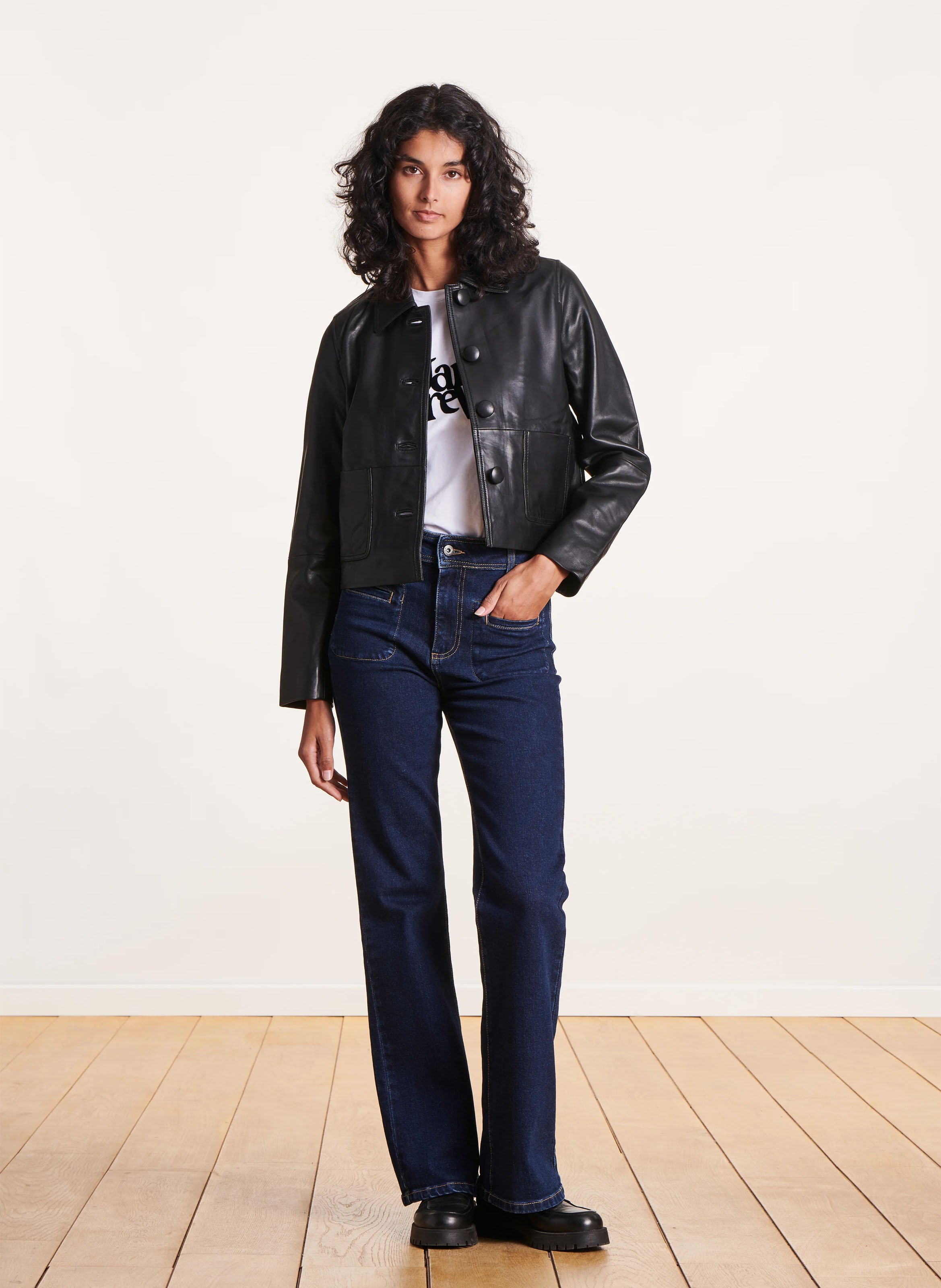 Veste en cuir droite à col classique LA FEE MARABOUTEE Noir